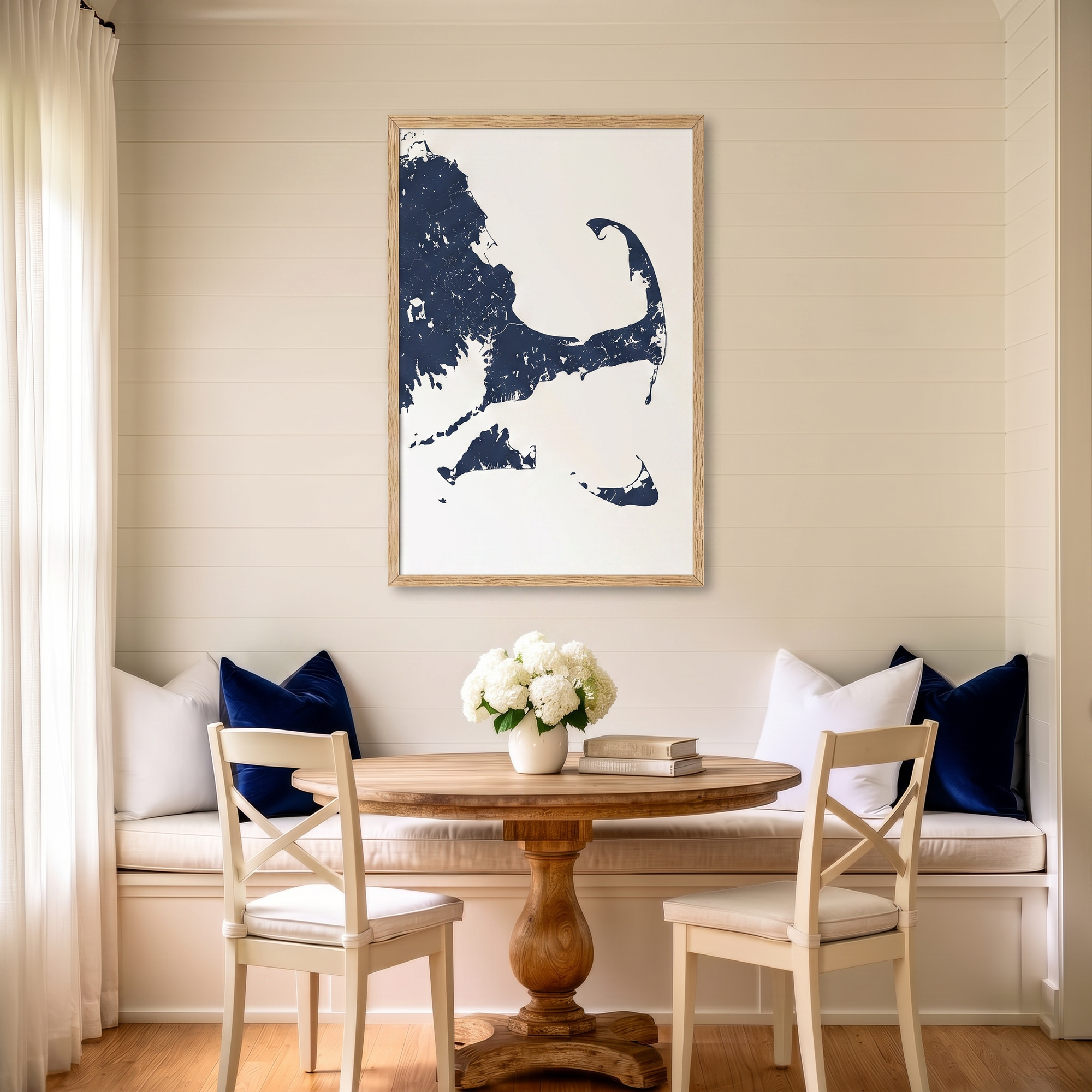 Cape Cod matte map art in dining nook setting