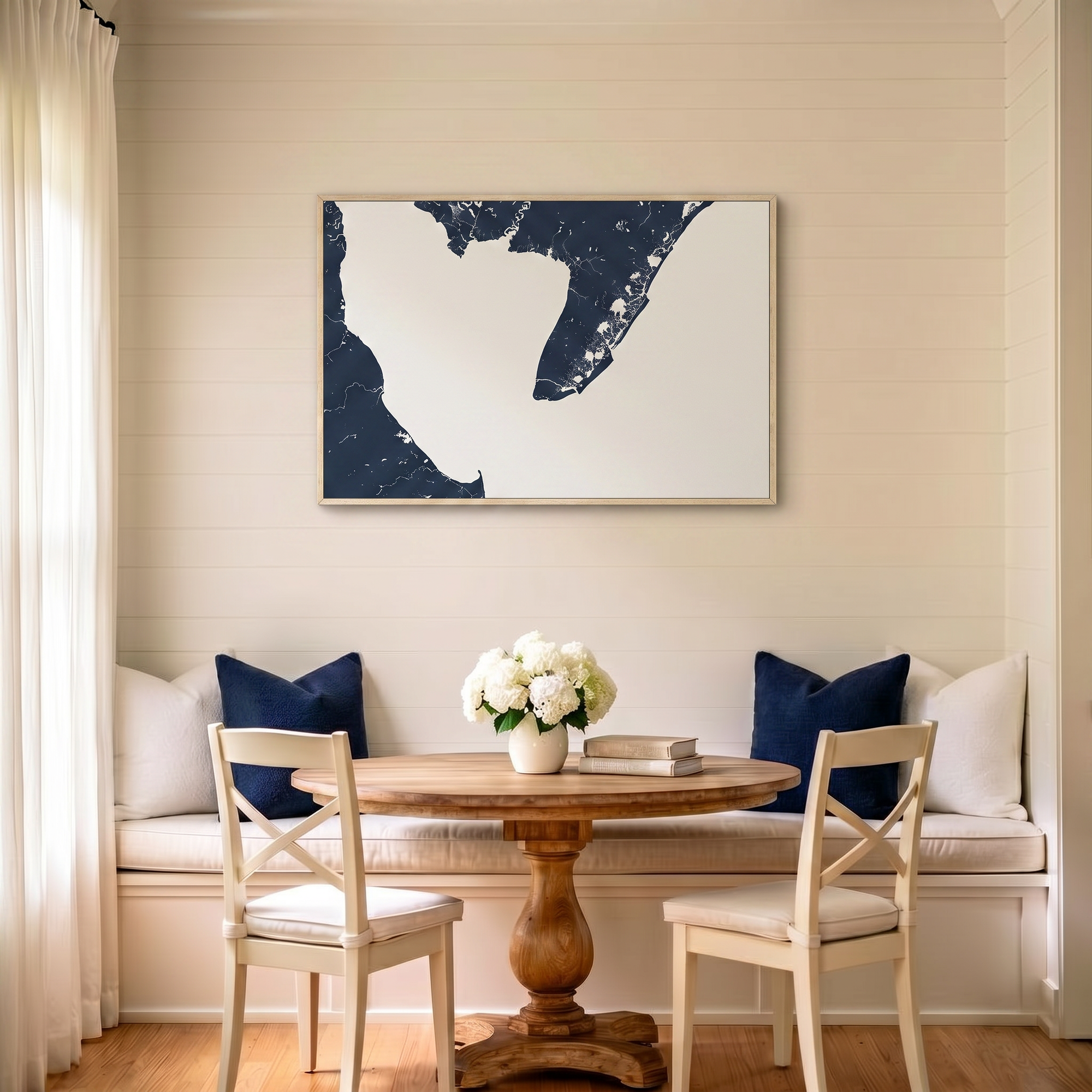 Cape May canvas map art in dining nook setting