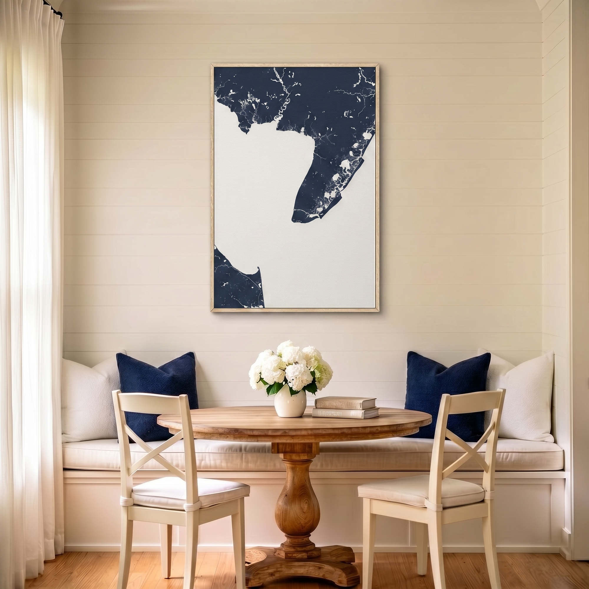 Cape May canvas map art in dining nook setting