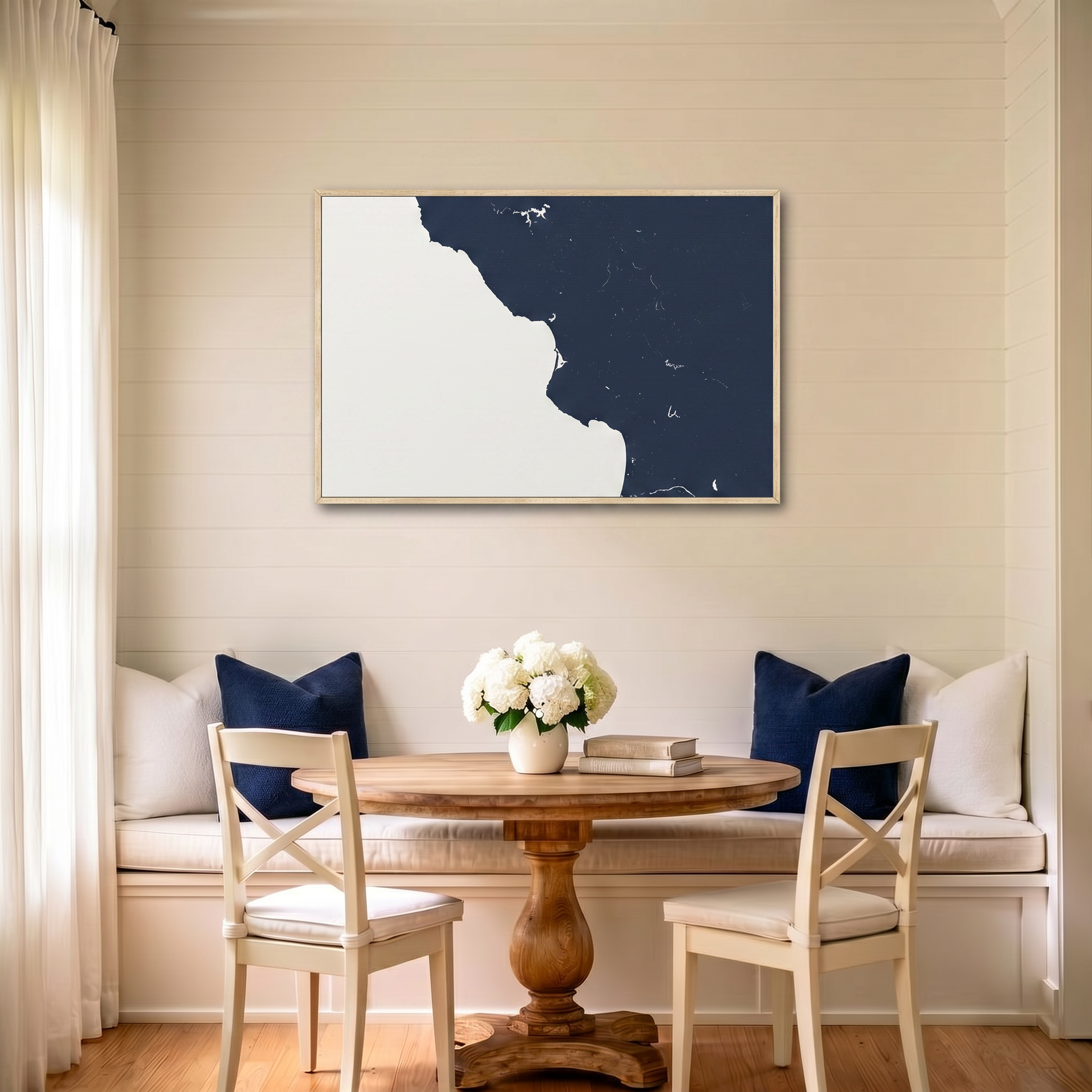 Central California Coast canvas map art in dining nook setting