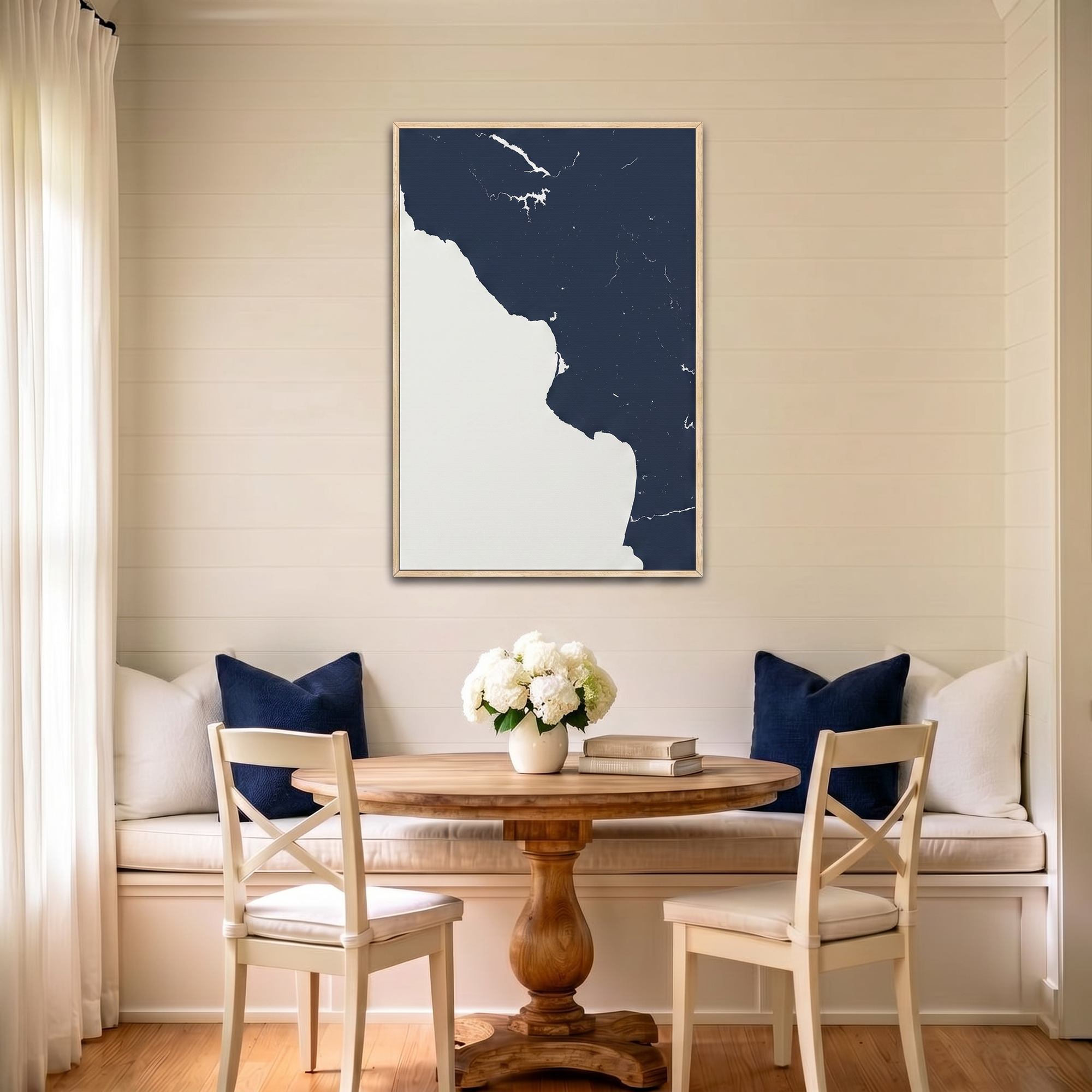 Central California Coast canvas map art in dining nook setting