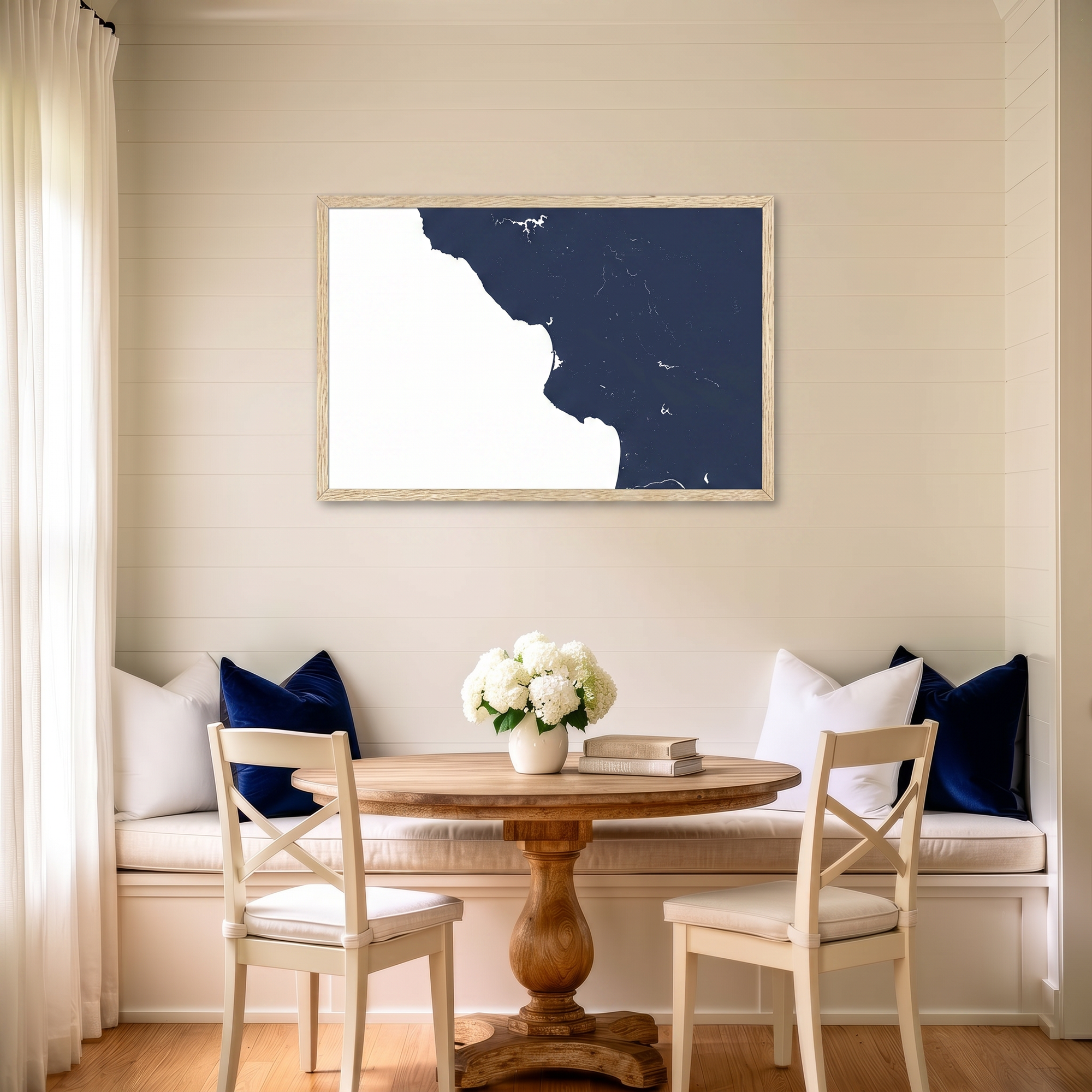 Central California Coast matte map art in dining nook setting