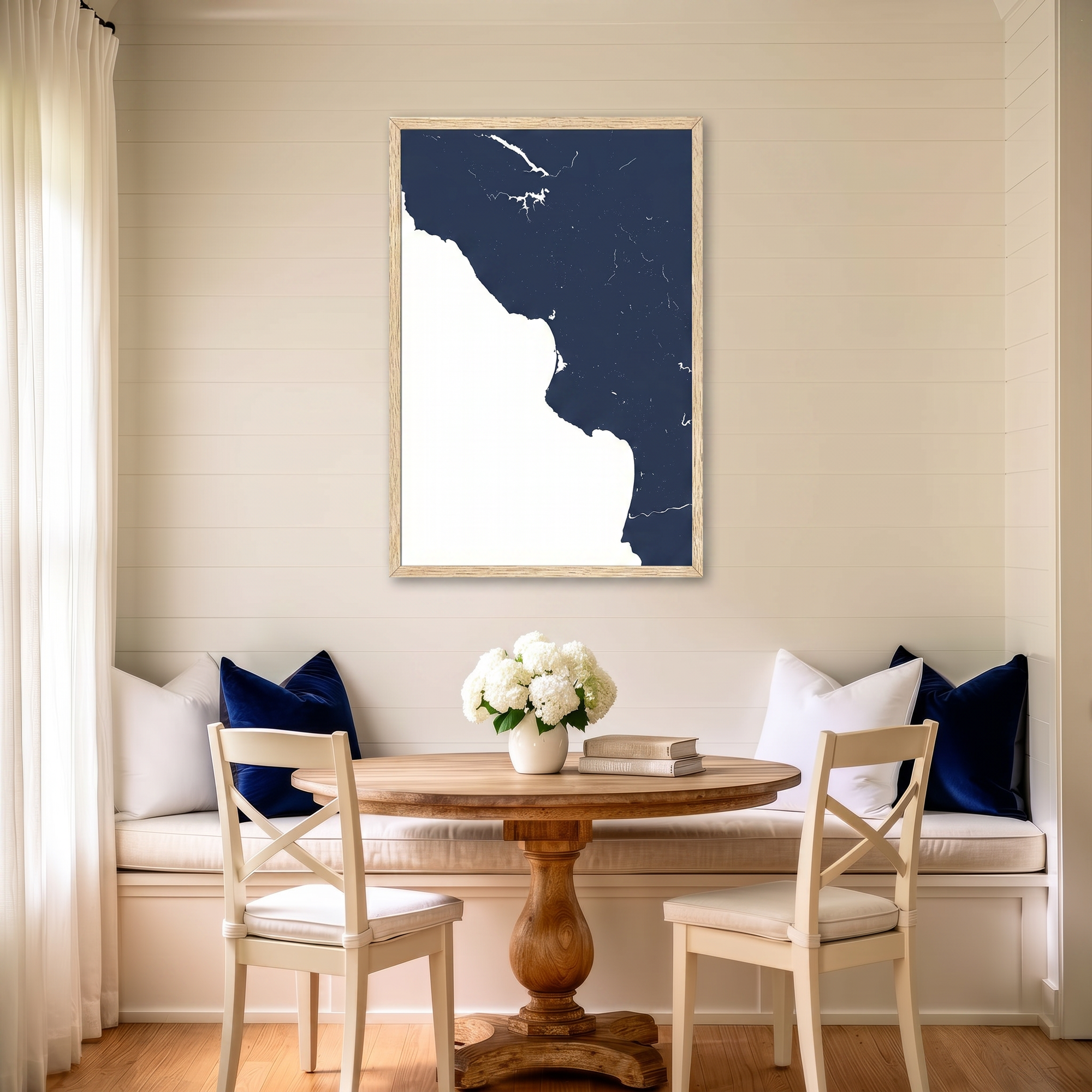 Central California Coast matte map art in dining nook setting