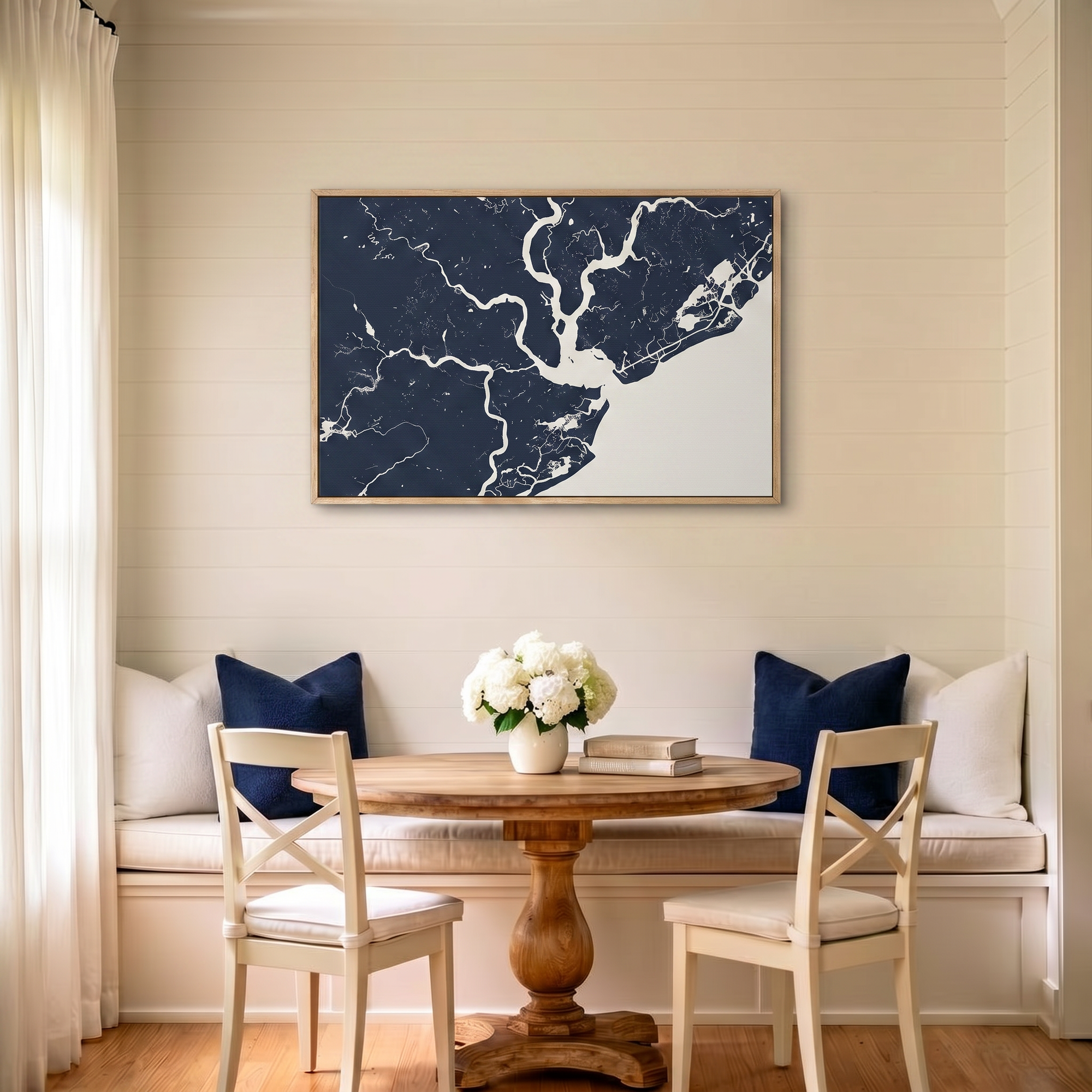 Charleston canvas map art in dining nook setting