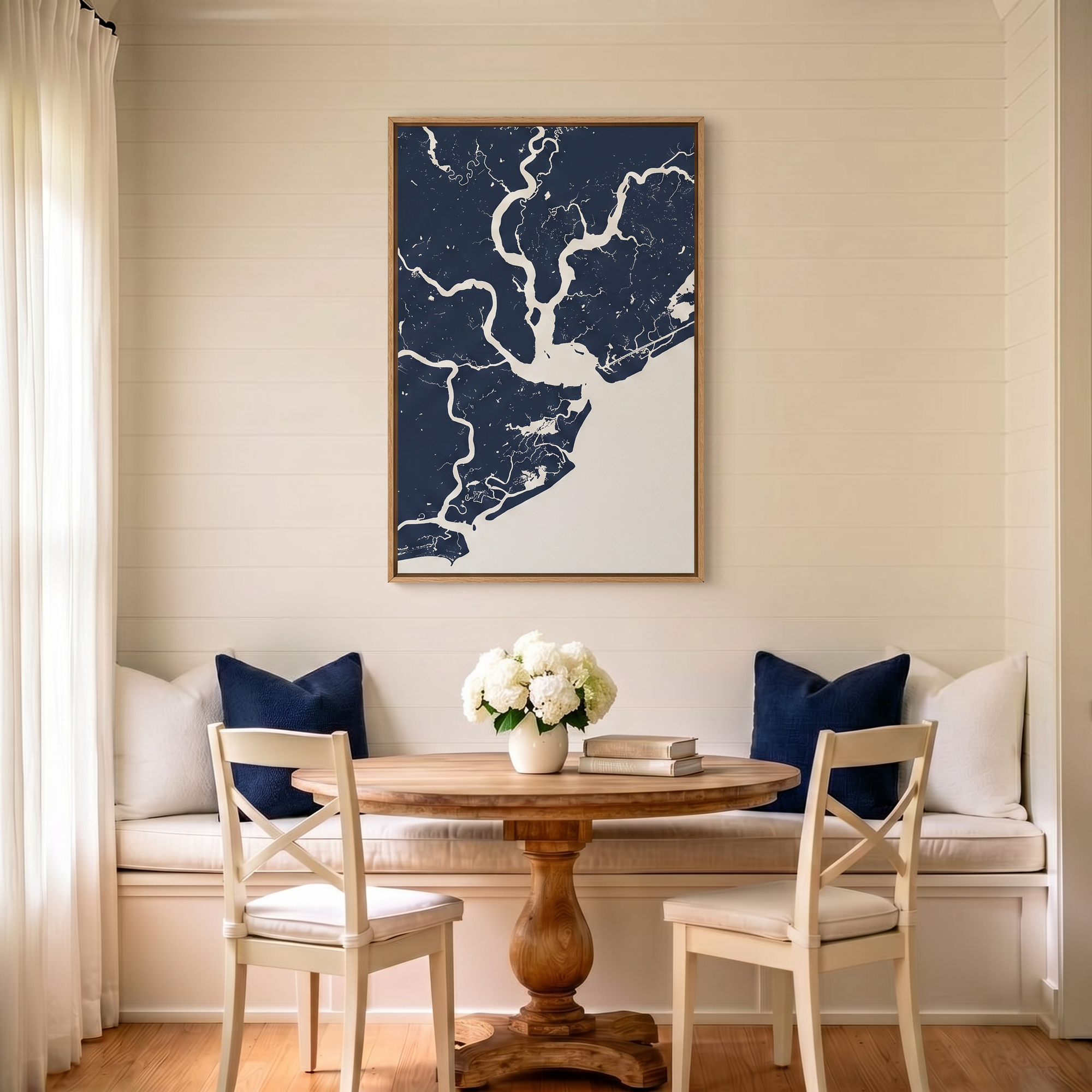 Charleston canvas map art in dining nook setting