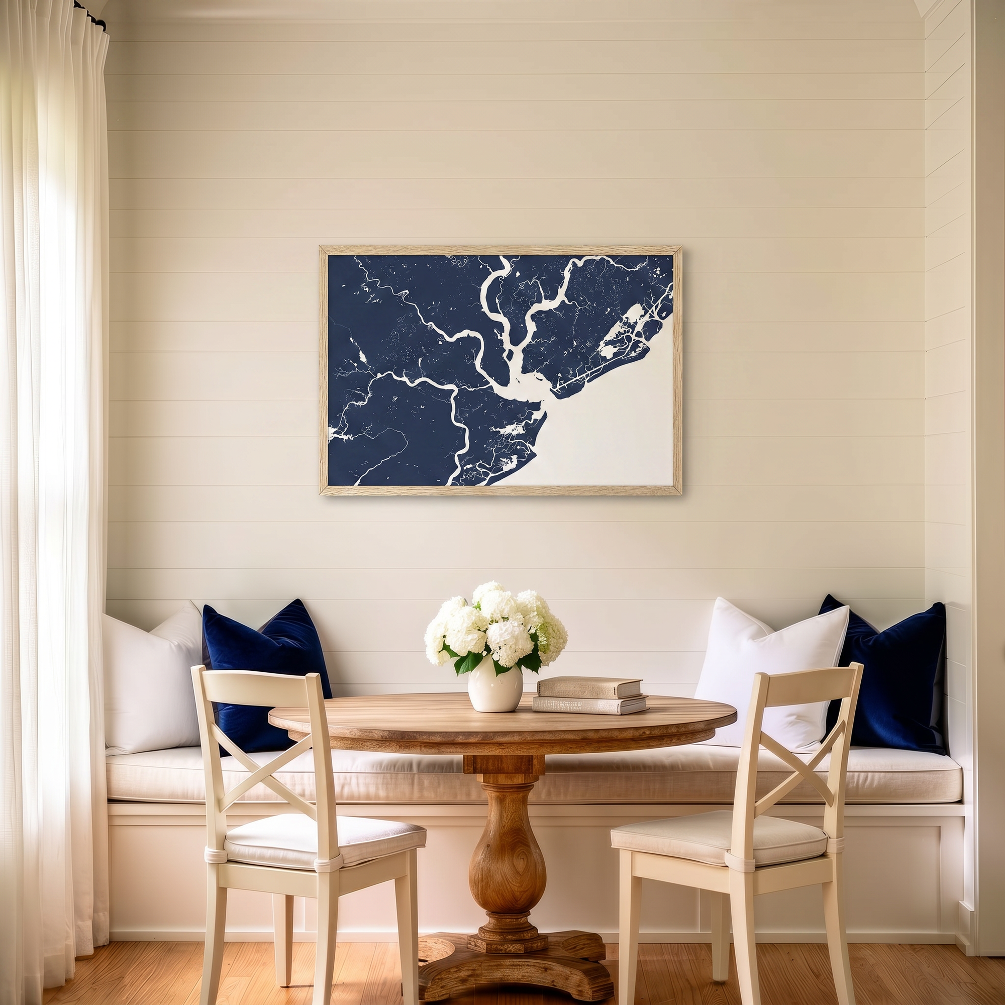 Charleston matte map art in dining nook setting