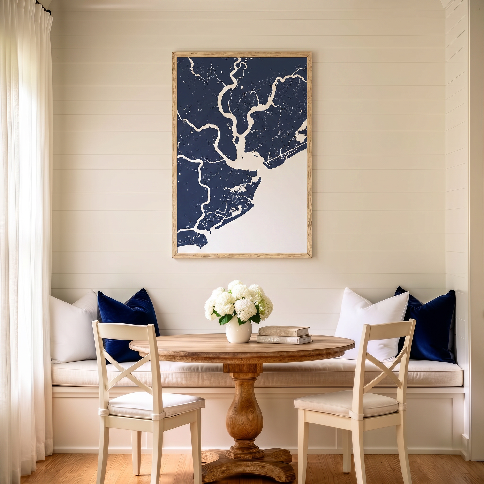Charleston matte map art in dining nook setting