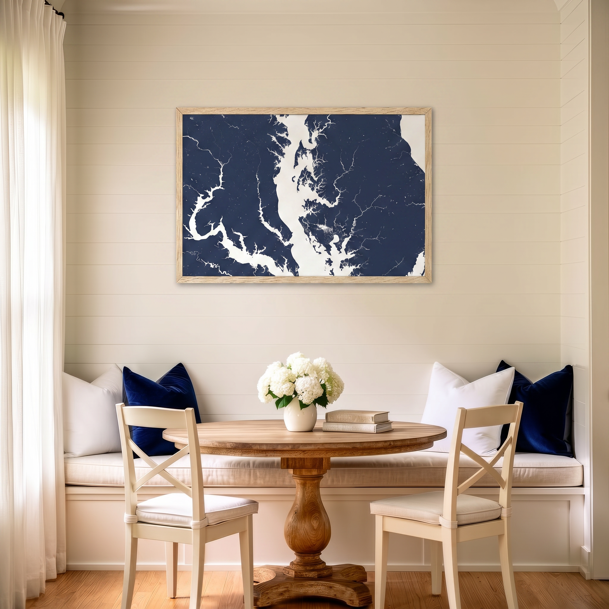 Chesapeake Bay / Maryland matte map art in dining nook setting