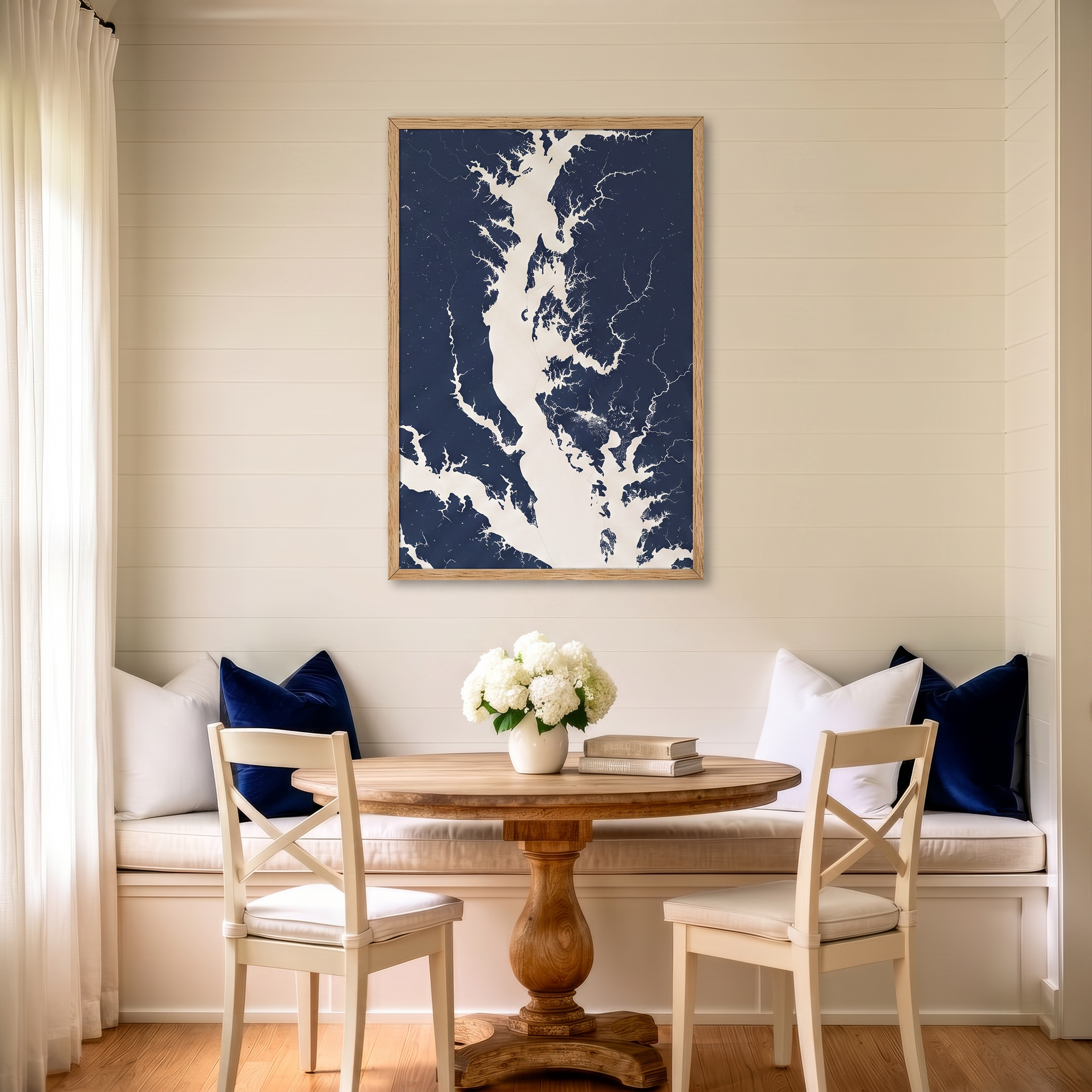 Chesapeake Bay / Maryland matte map art in dining nook setting