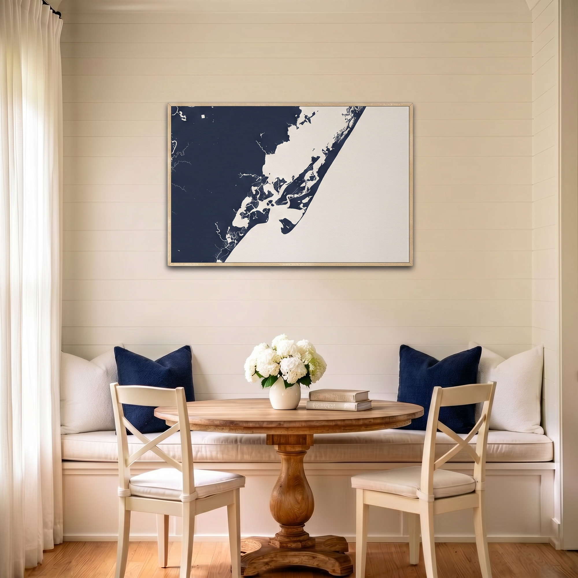 Chincoteague Island canvas map art in dining nook setting