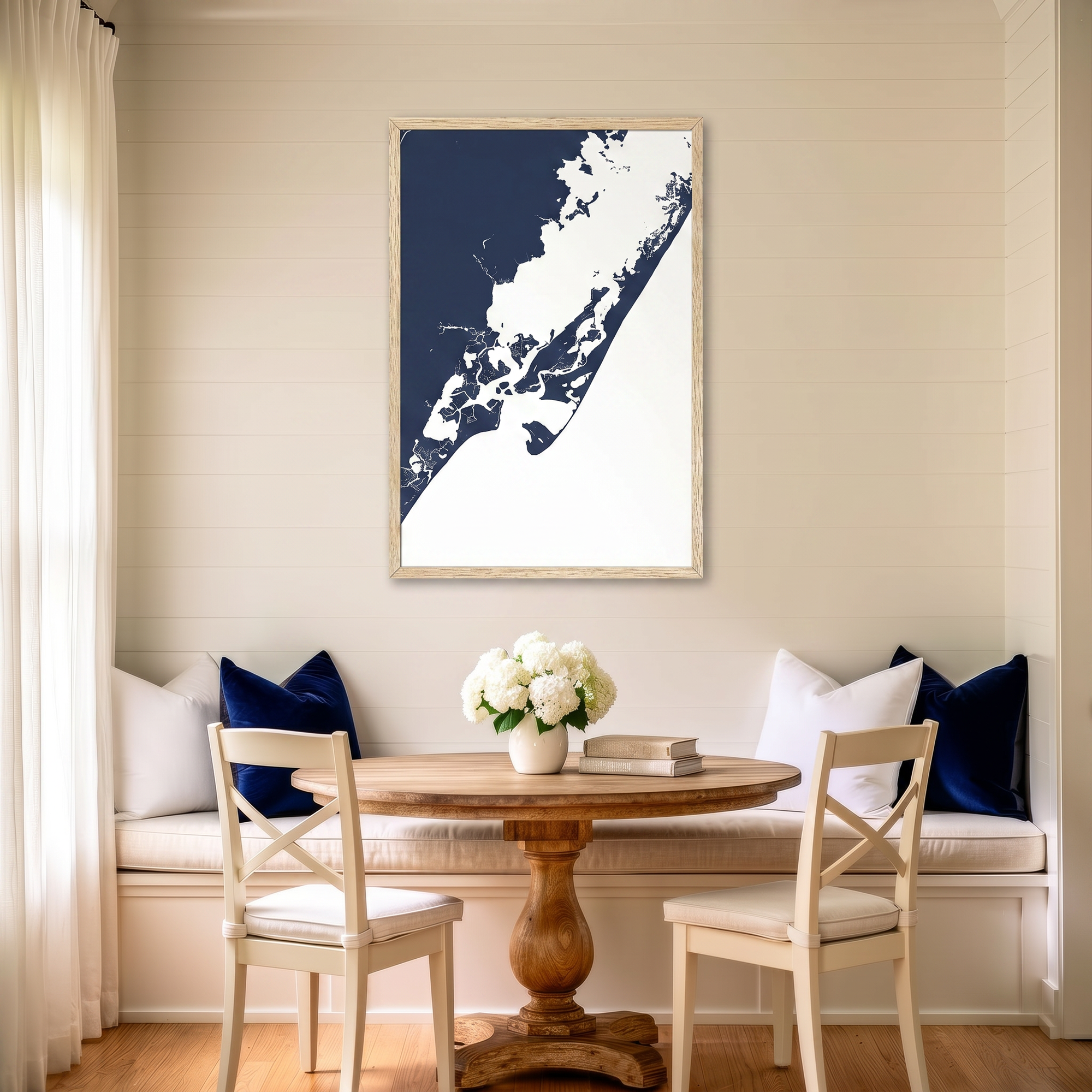 Chincoteague Island matte map art in dining nook setting