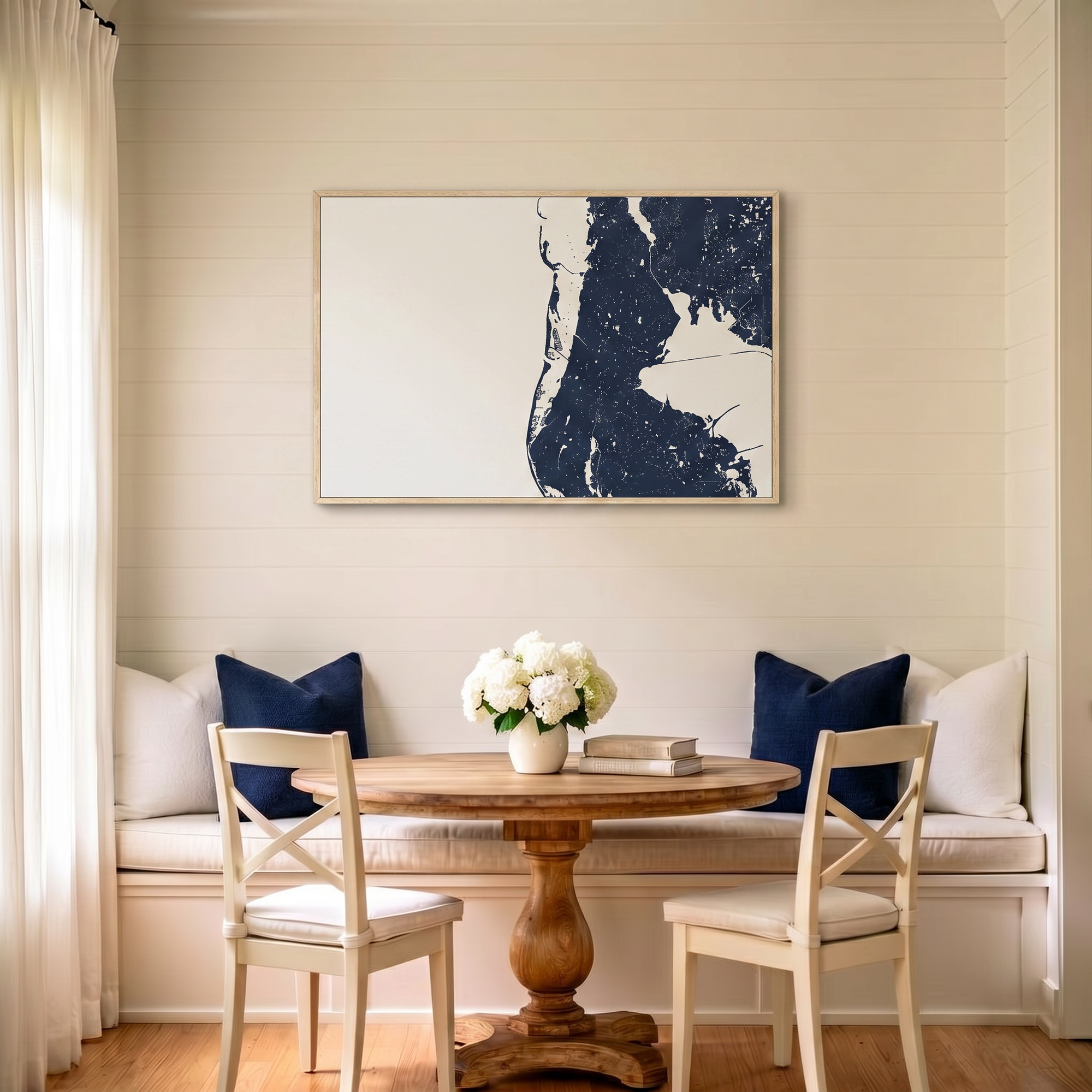 Clearwater Beach canvas map art in dining nook setting