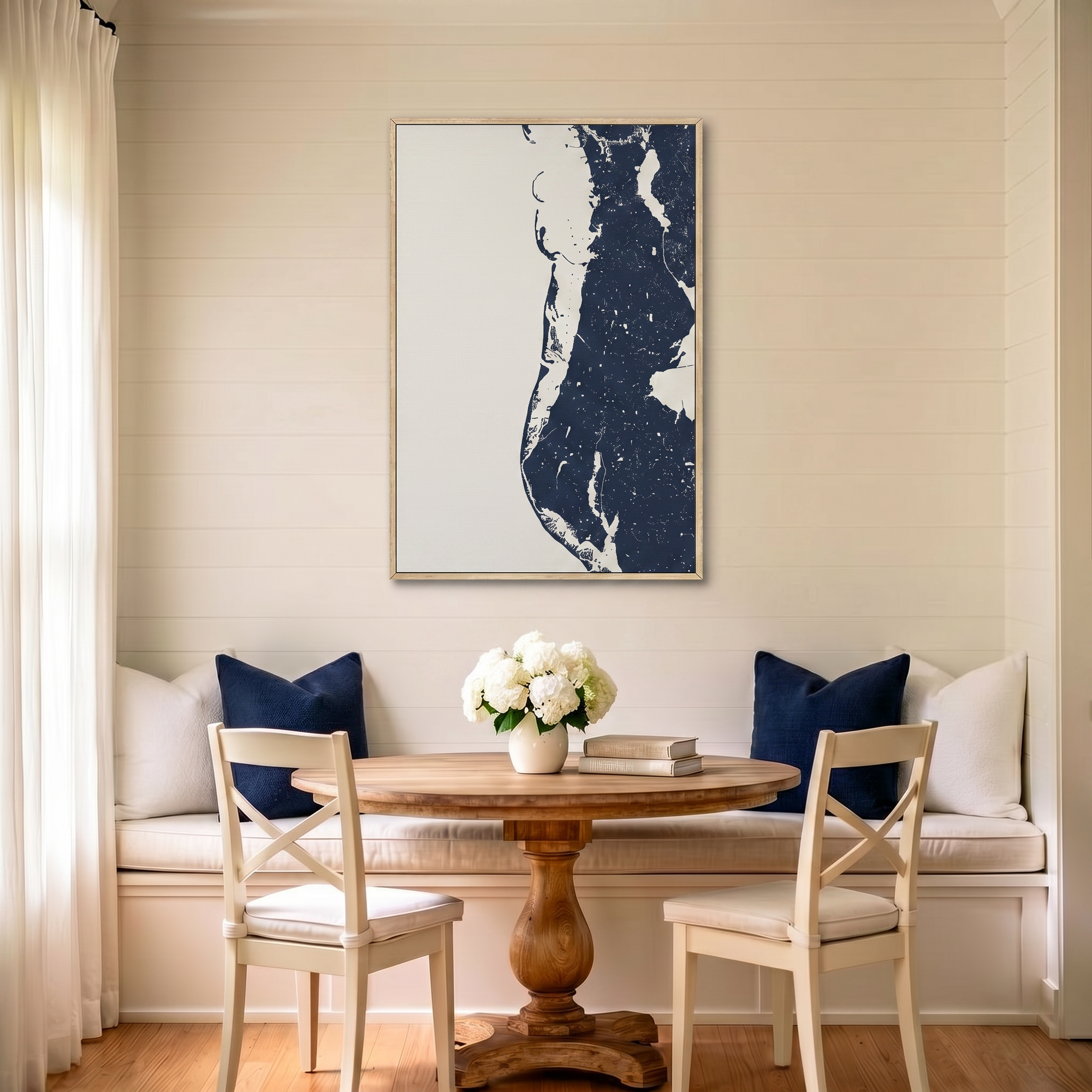 Clearwater Beach canvas map art in dining nook setting