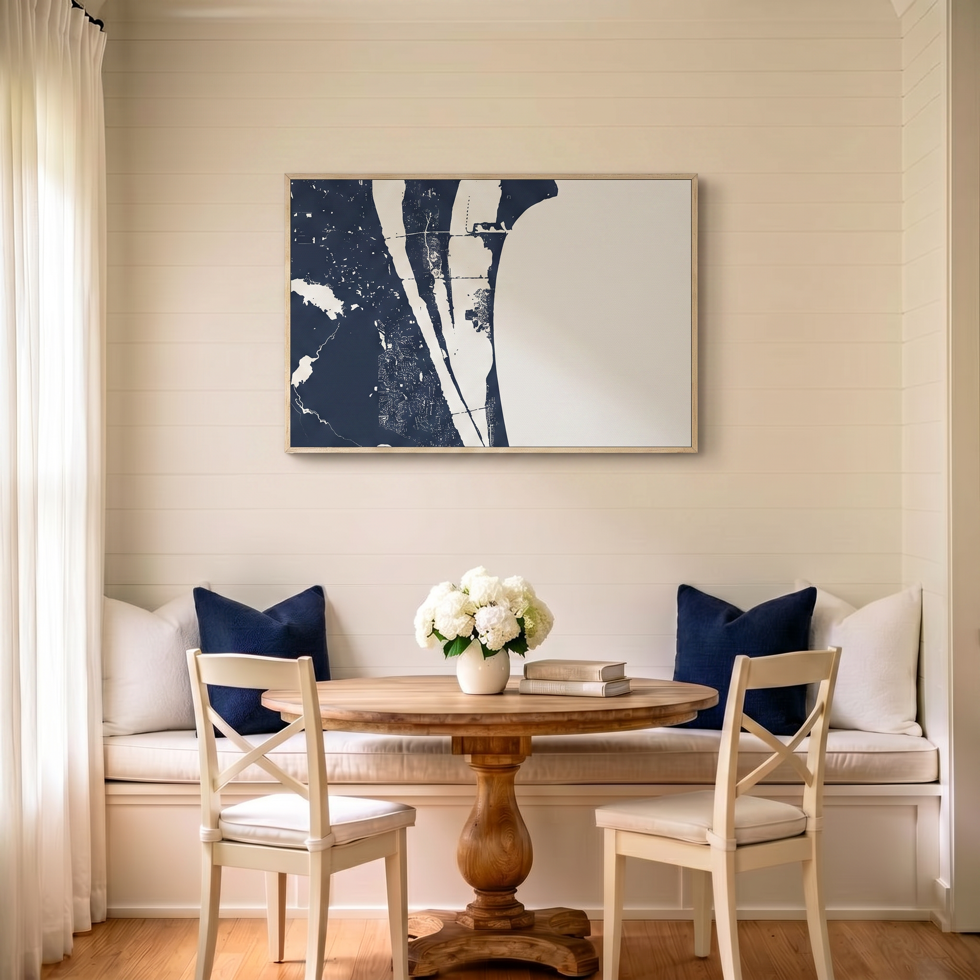 Cocoa Beach canvas map art in dining nook setting