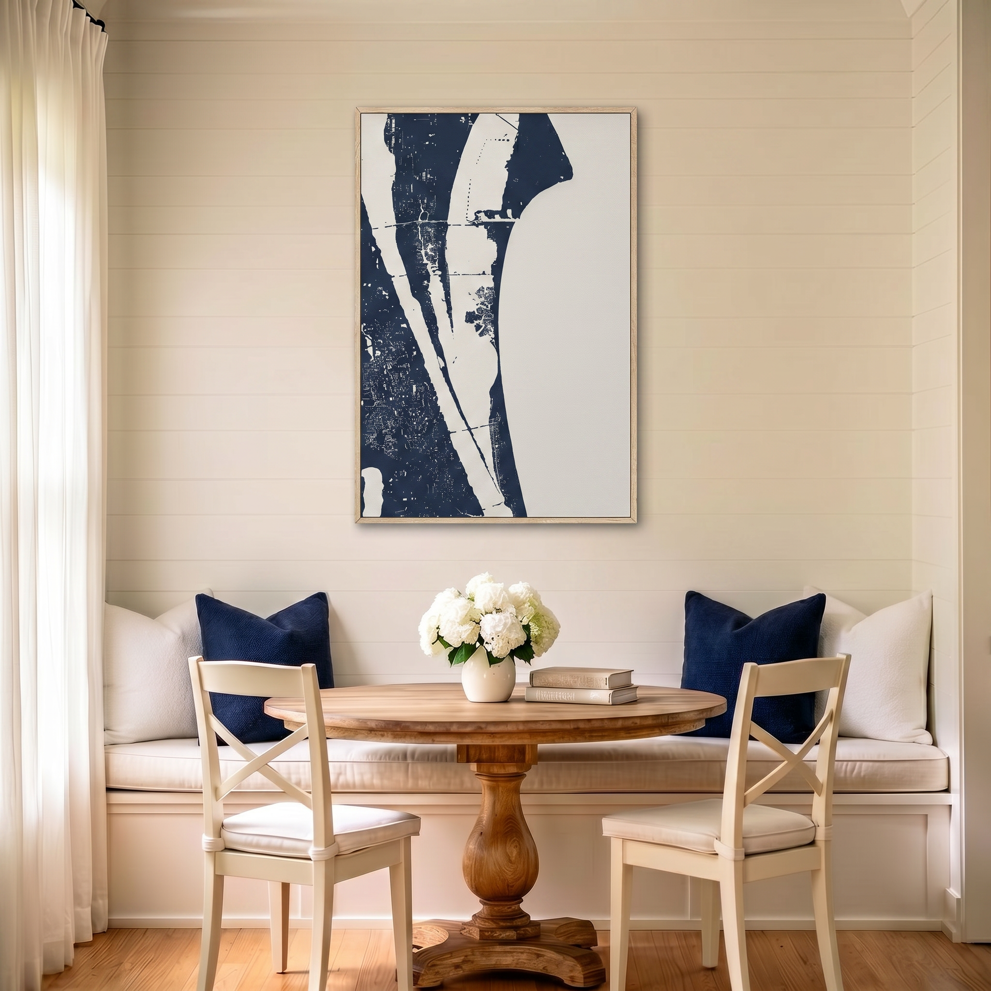 Cocoa Beach canvas map art in dining nook setting