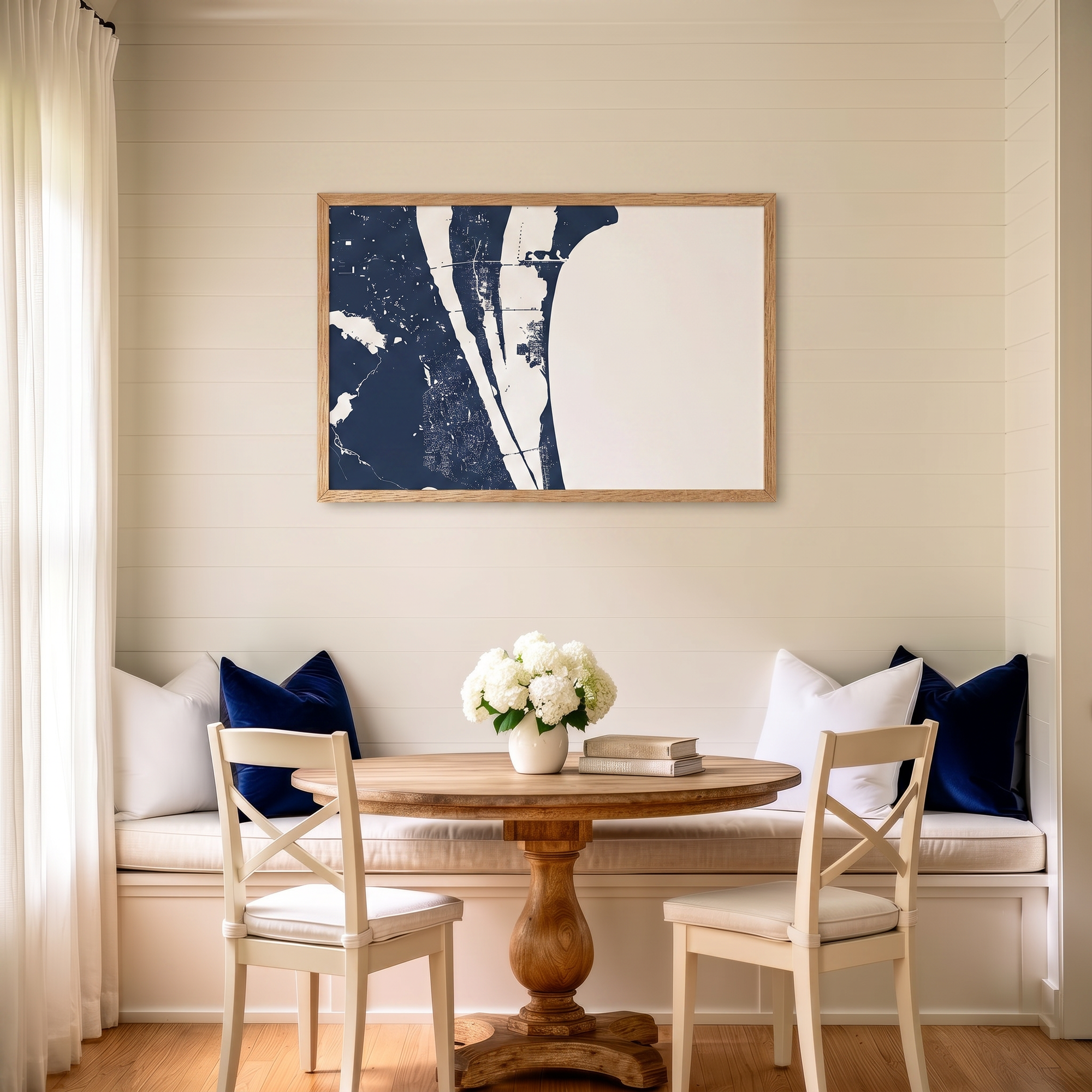 Cocoa Beach matte map art in dining nook setting