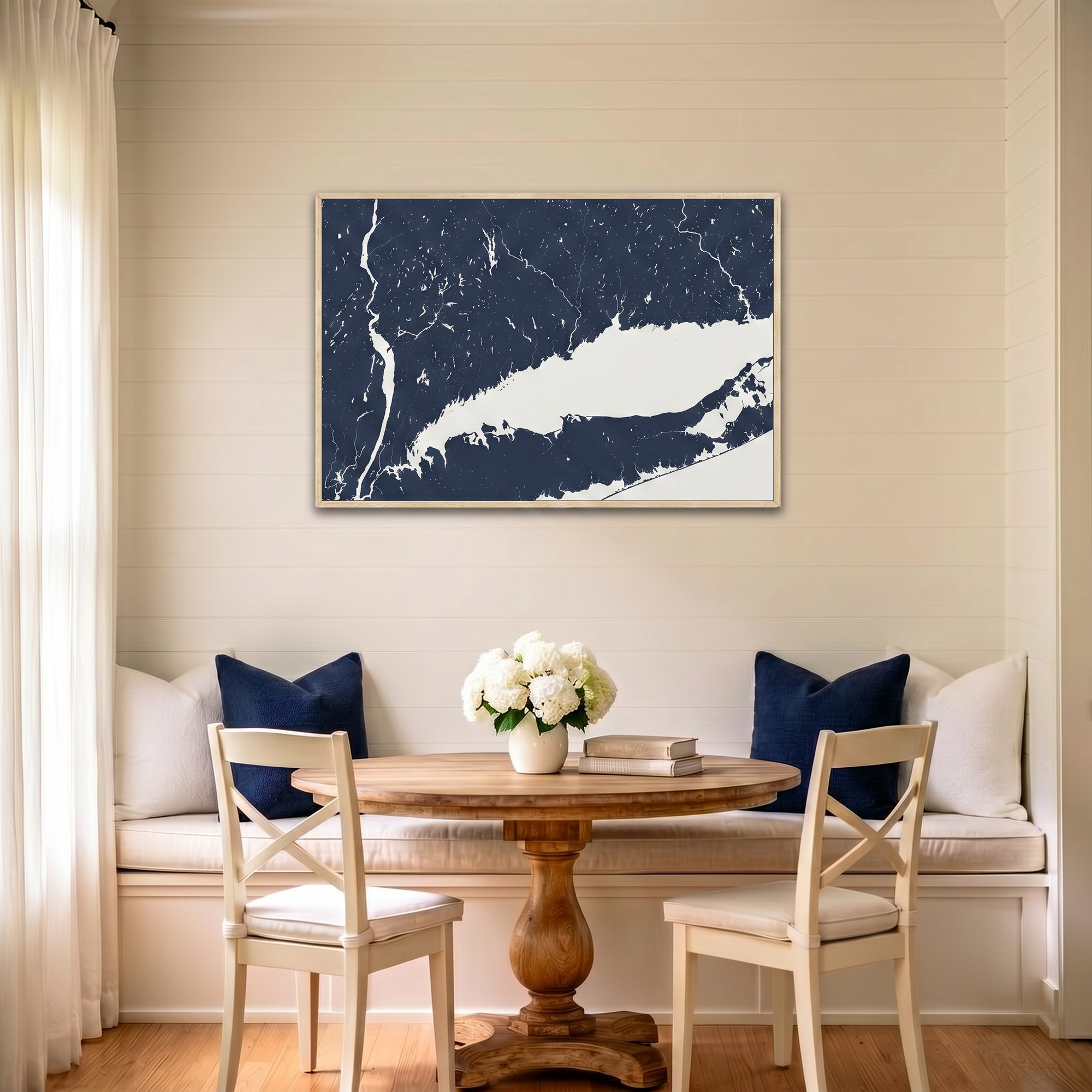 Connecticut Coast canvas map art in dining nook setting