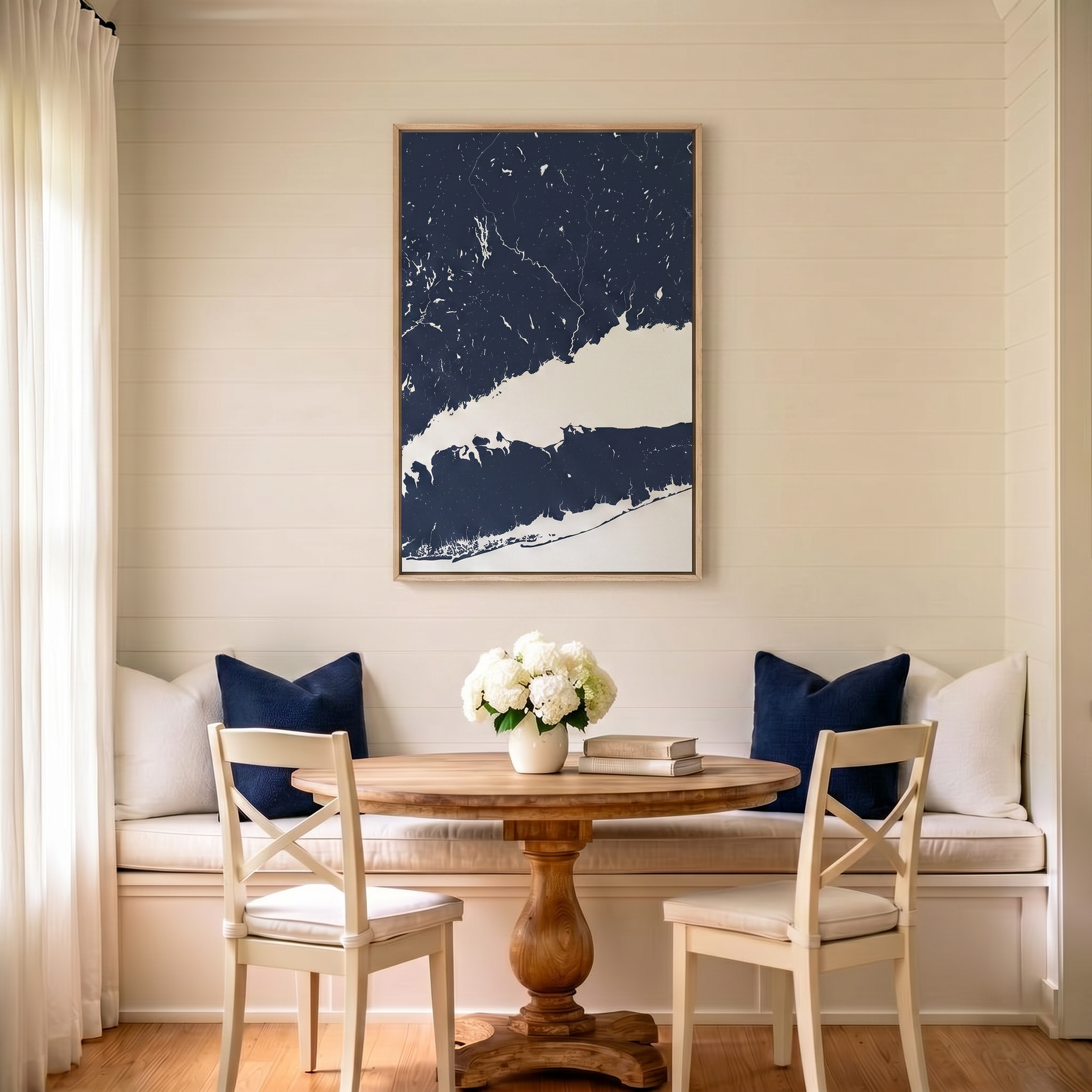 Connecticut Coast canvas map art in dining nook setting