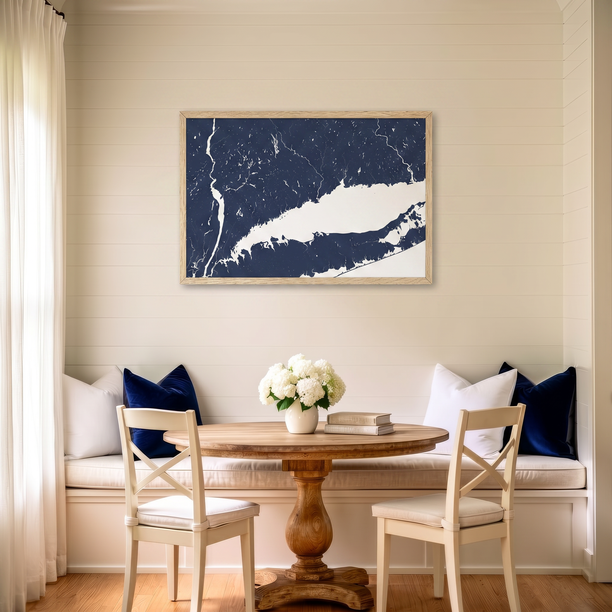 Connecticut Coast matte map art in dining nook setting
