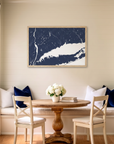 Connecticut Coast matte map art in dining nook setting