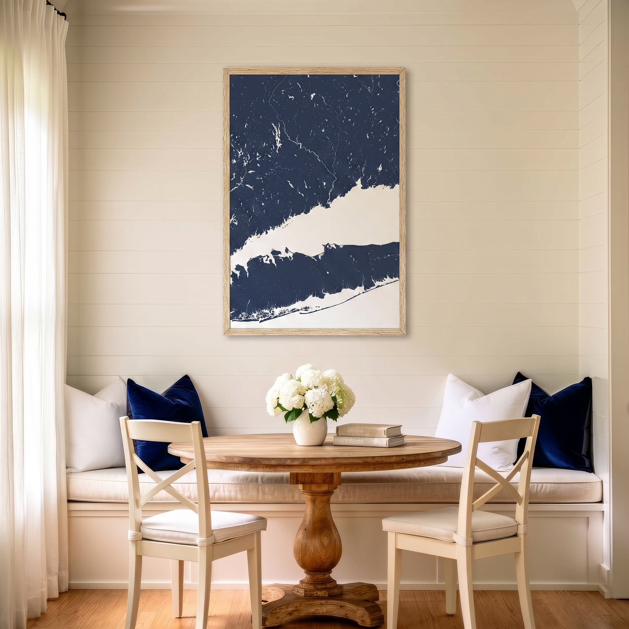 Connecticut Coast matte map art in dining nook setting