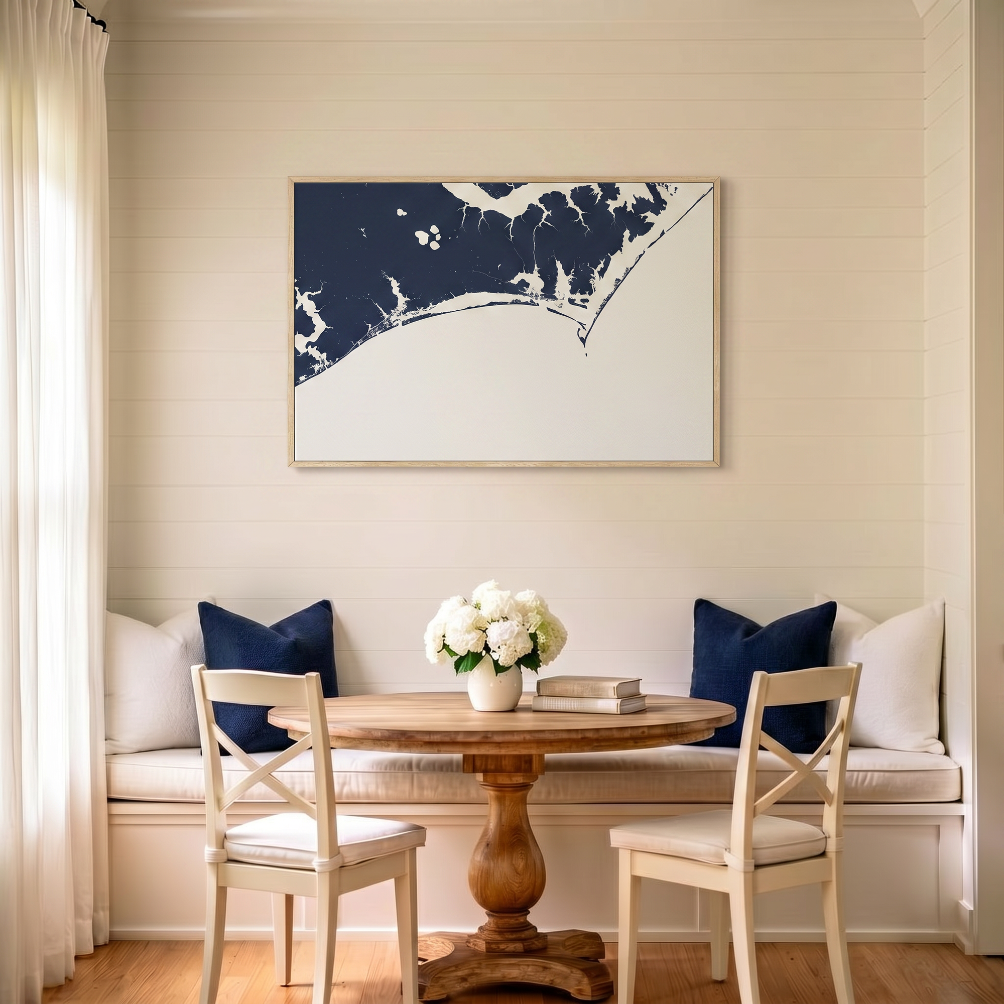 Crystal Coast/Emerald Isle canvas map art in dining nook setting