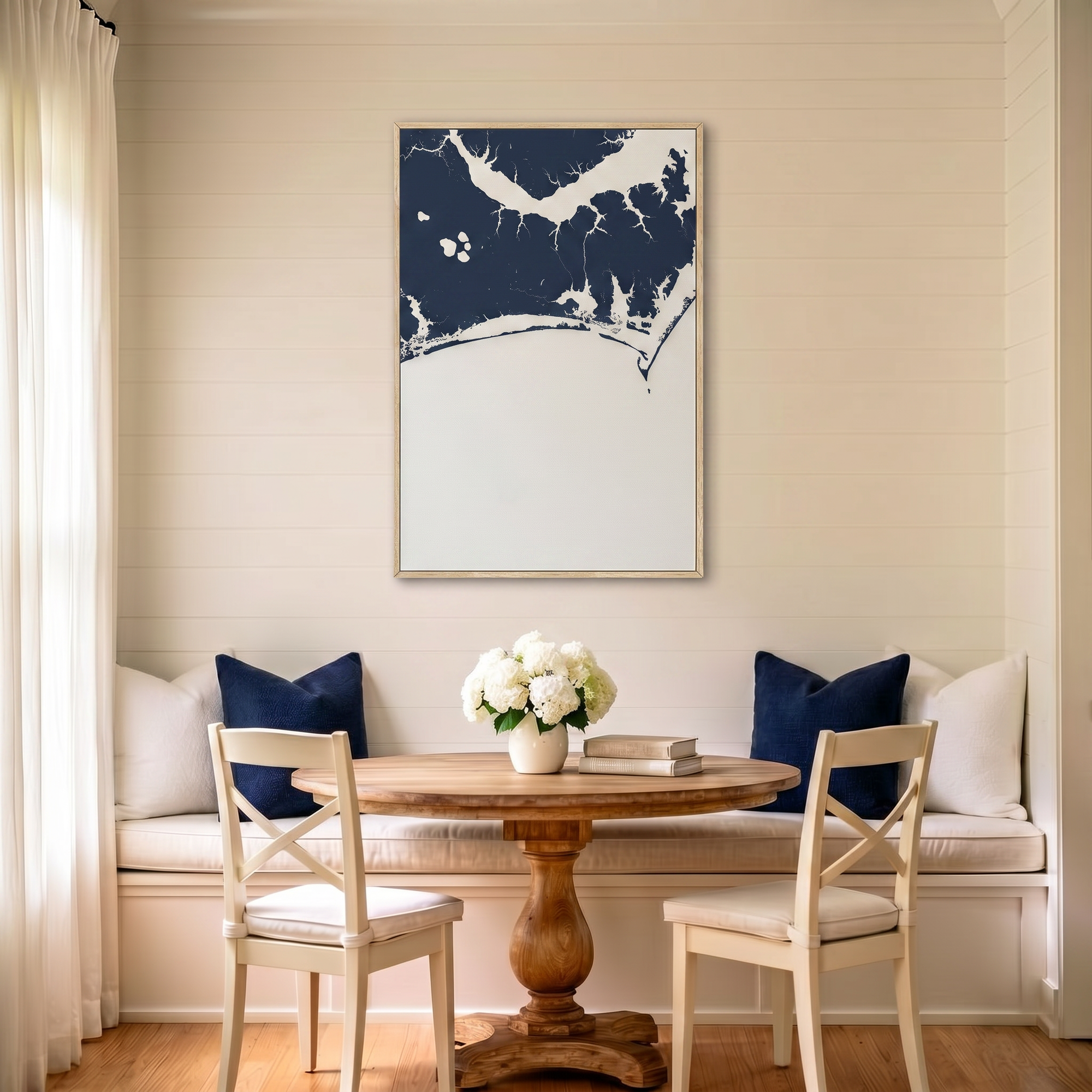 Crystal Coast/Emerald Isle canvas map art in dining nook setting