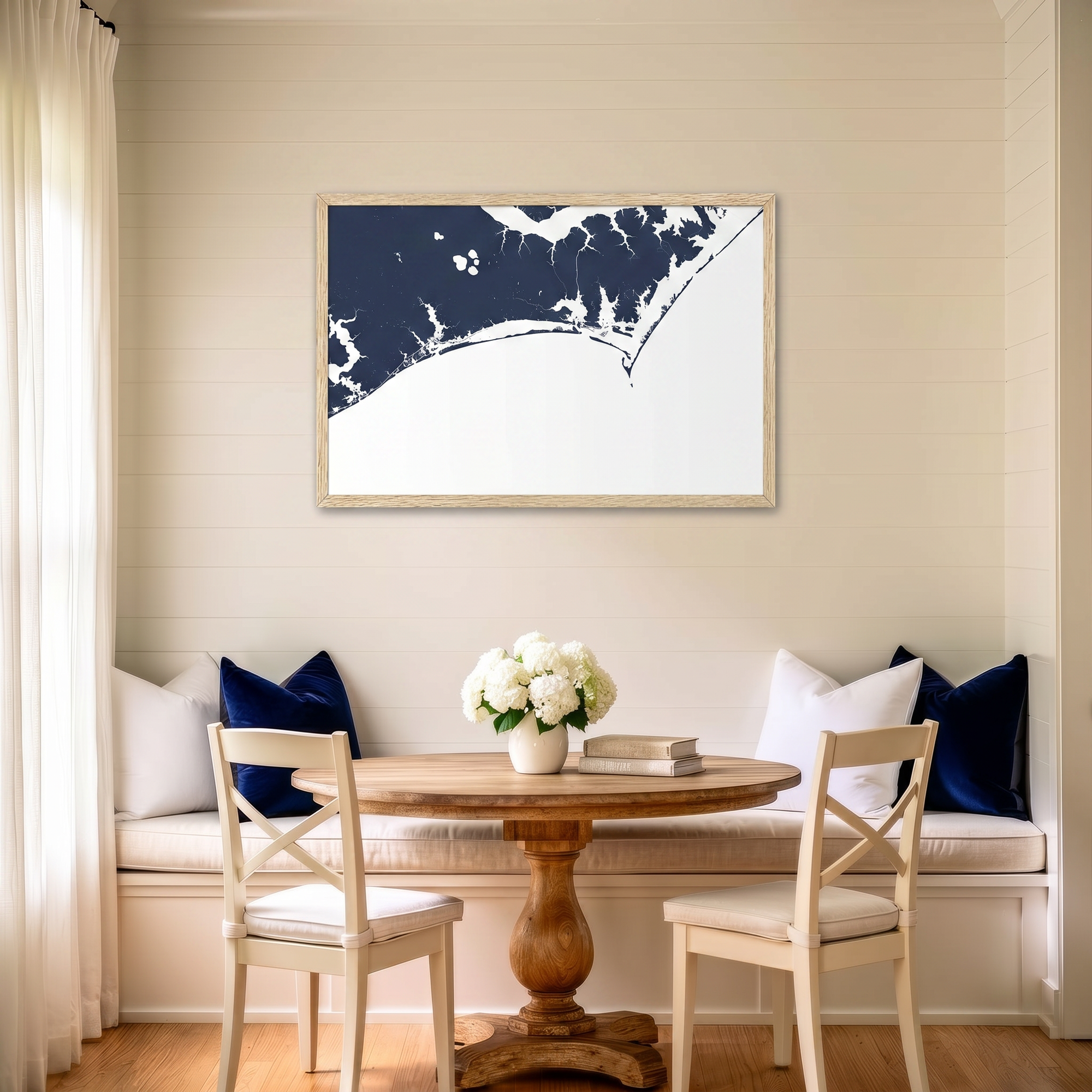 Crystal Coast/Emerald Isle matte map art in dining nook setting