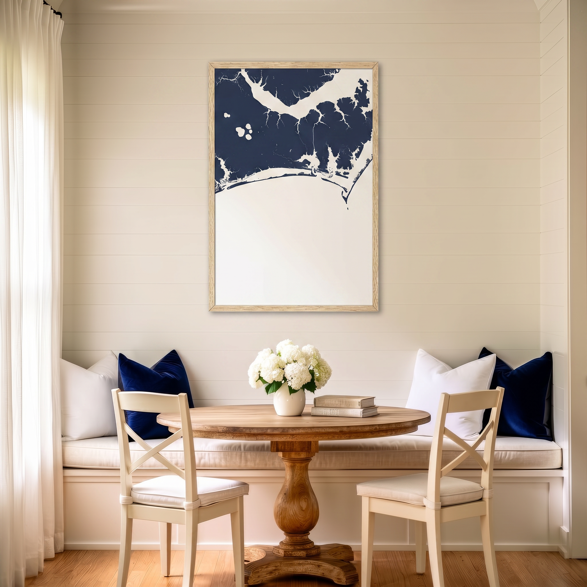 Crystal Coast/Emerald Isle matte map art in dining nook setting