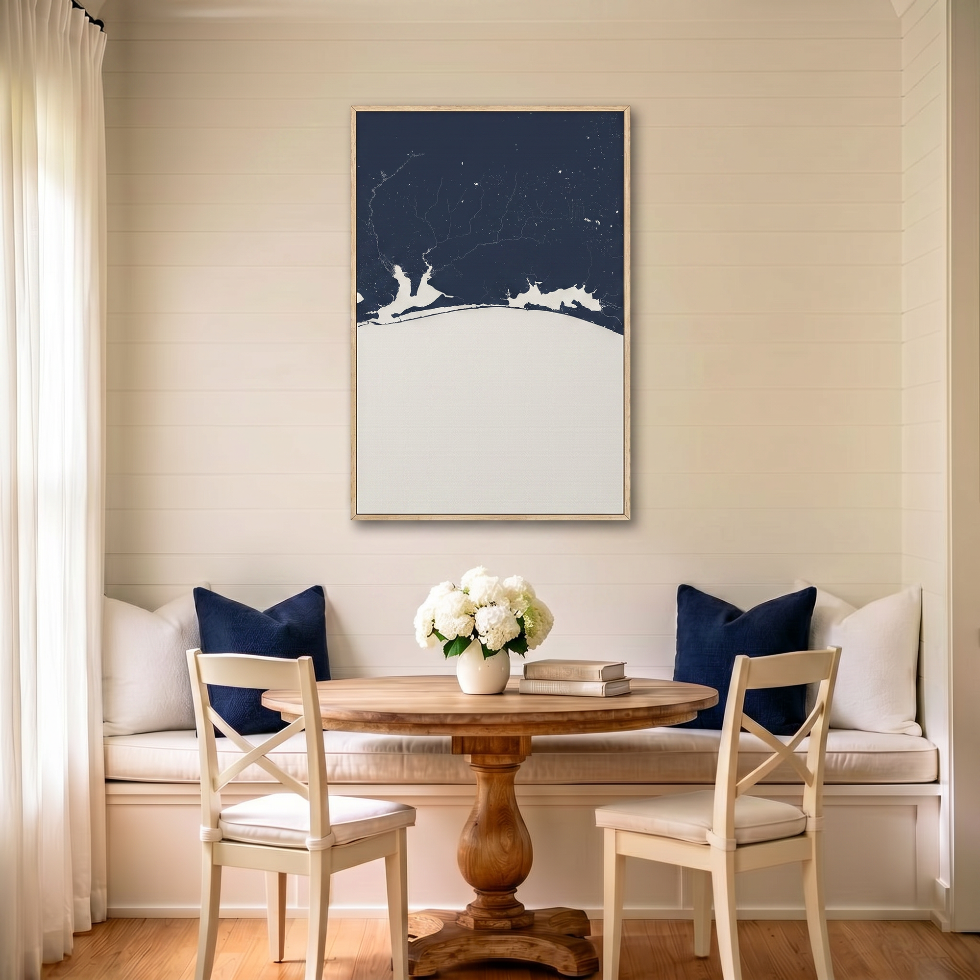 Emerald Coast canvas map art in dining nook setting
