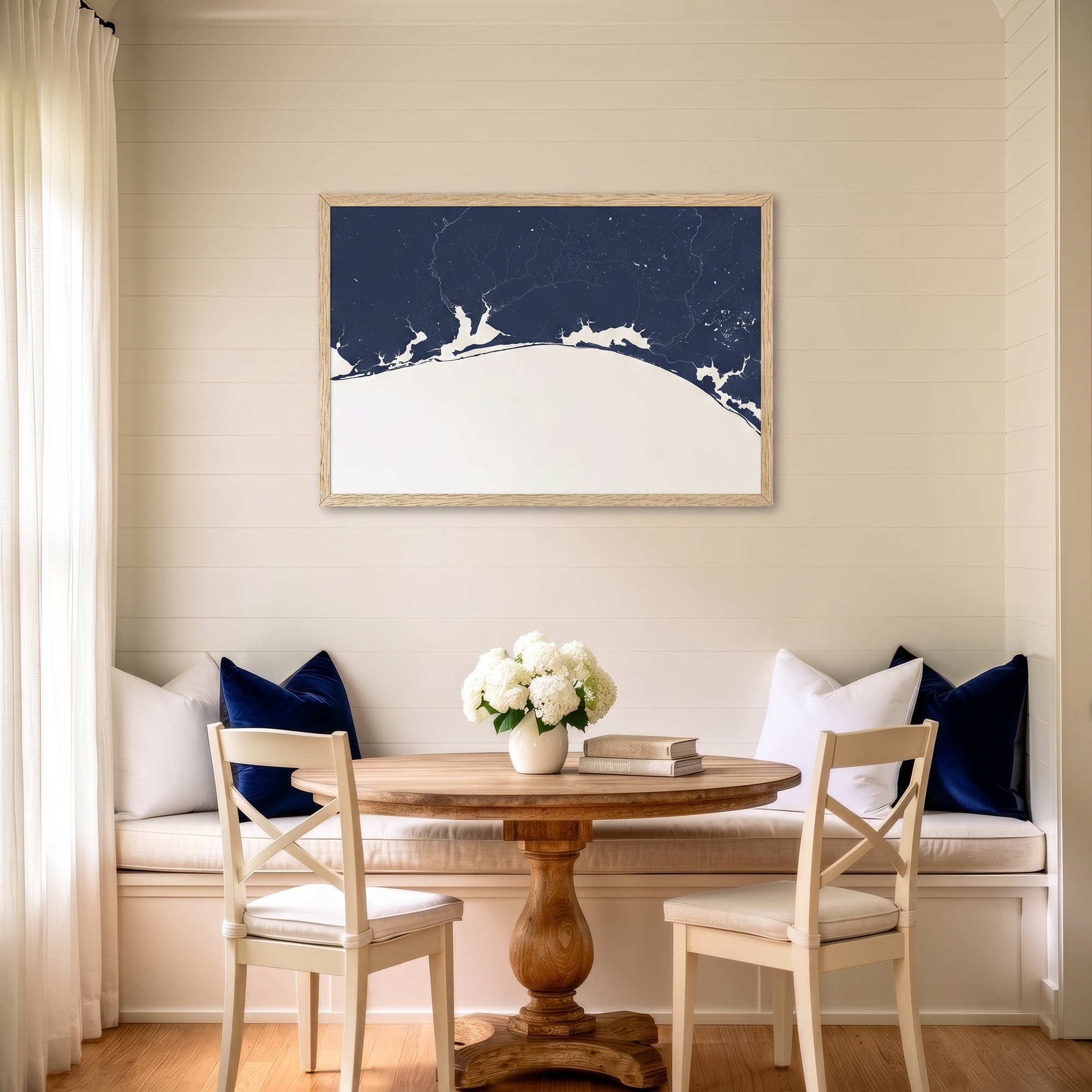 Emerald Coast matte map art in dining nook setting