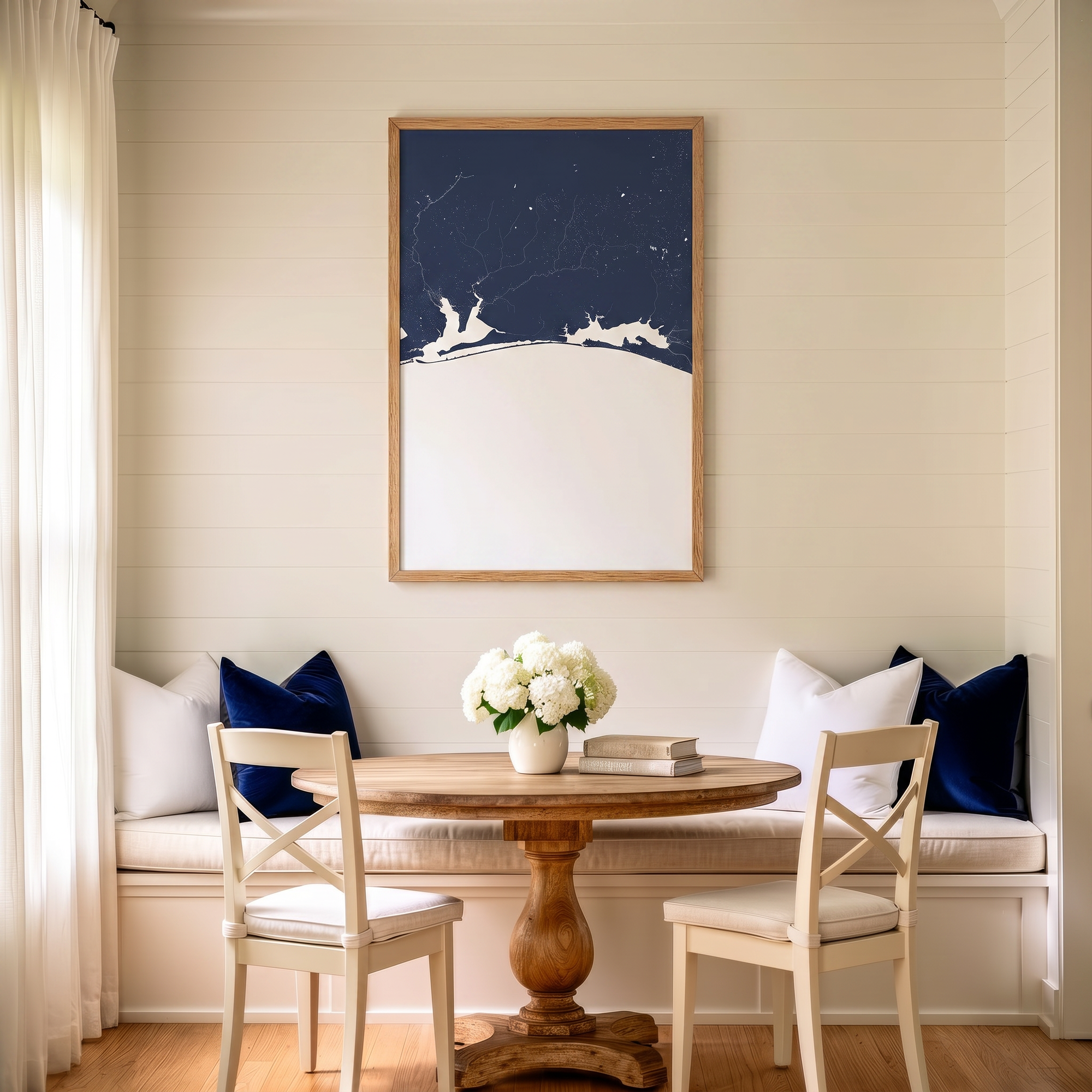 Emerald Coast matte map art in dining nook setting