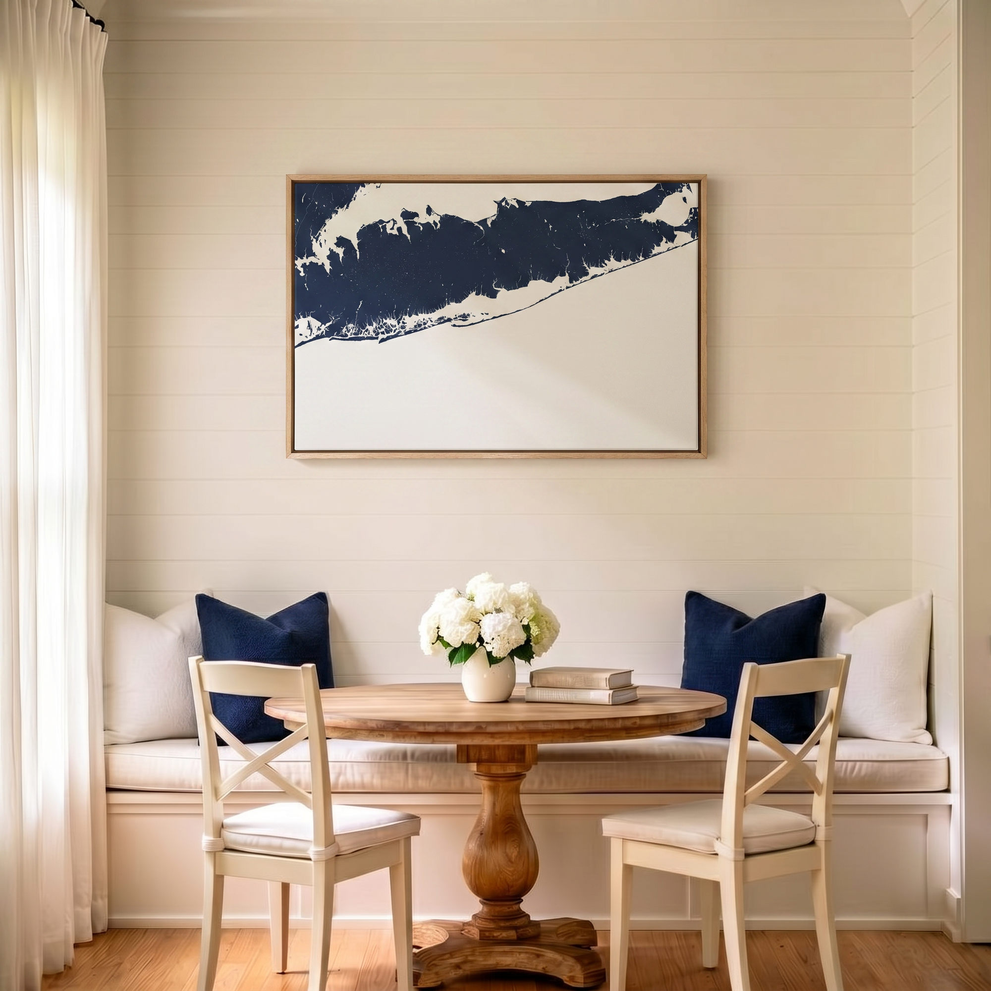 Fire Island canvas map art in dining nook setting