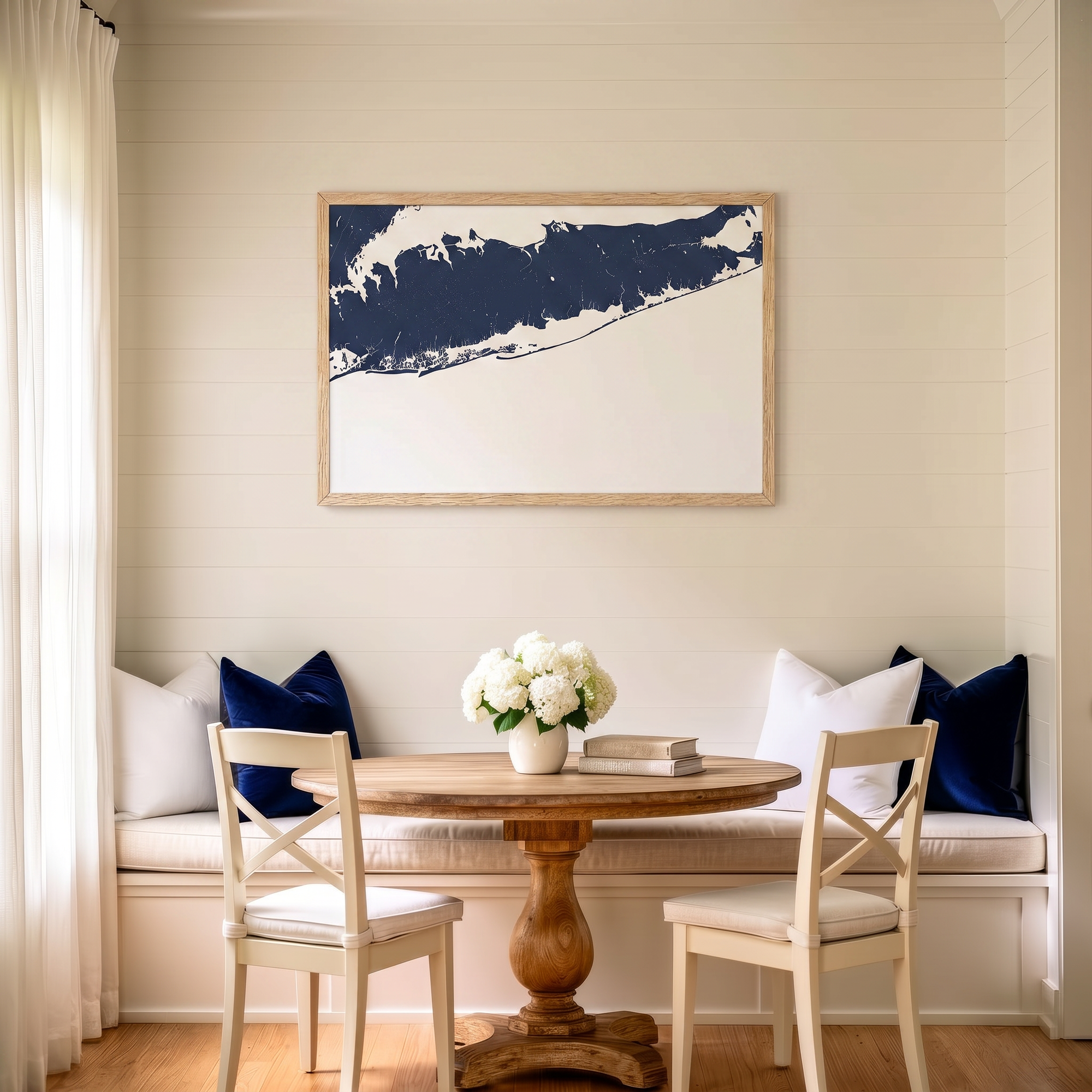 Fire Island matte map art in dining nook setting