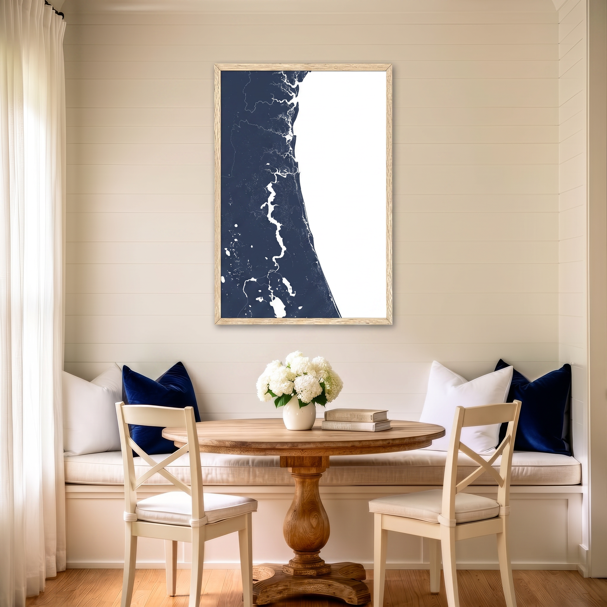 First Coast / Northeast Florida matte map art in dining nook setting