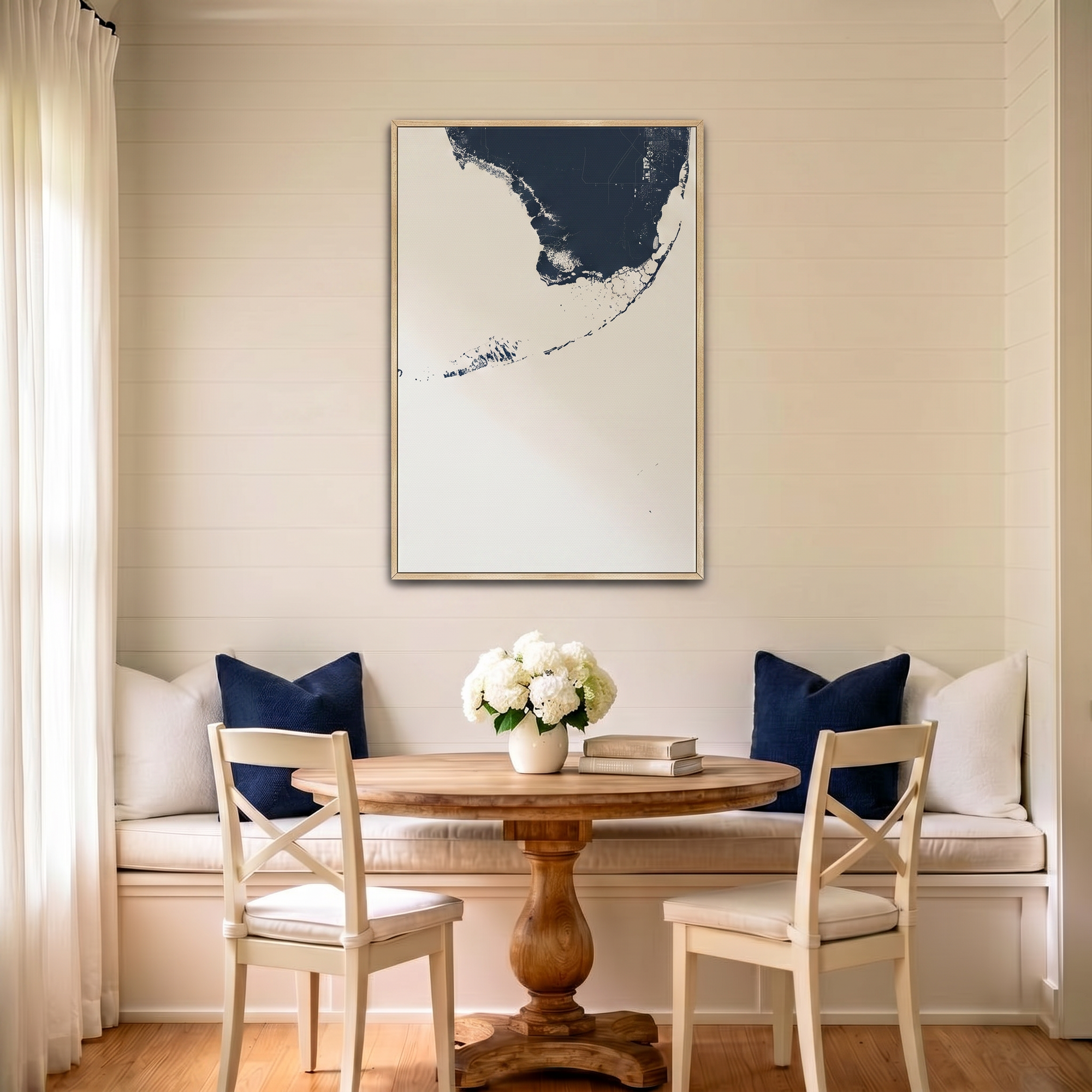 Florida Keys canvas map art in dining nook setting