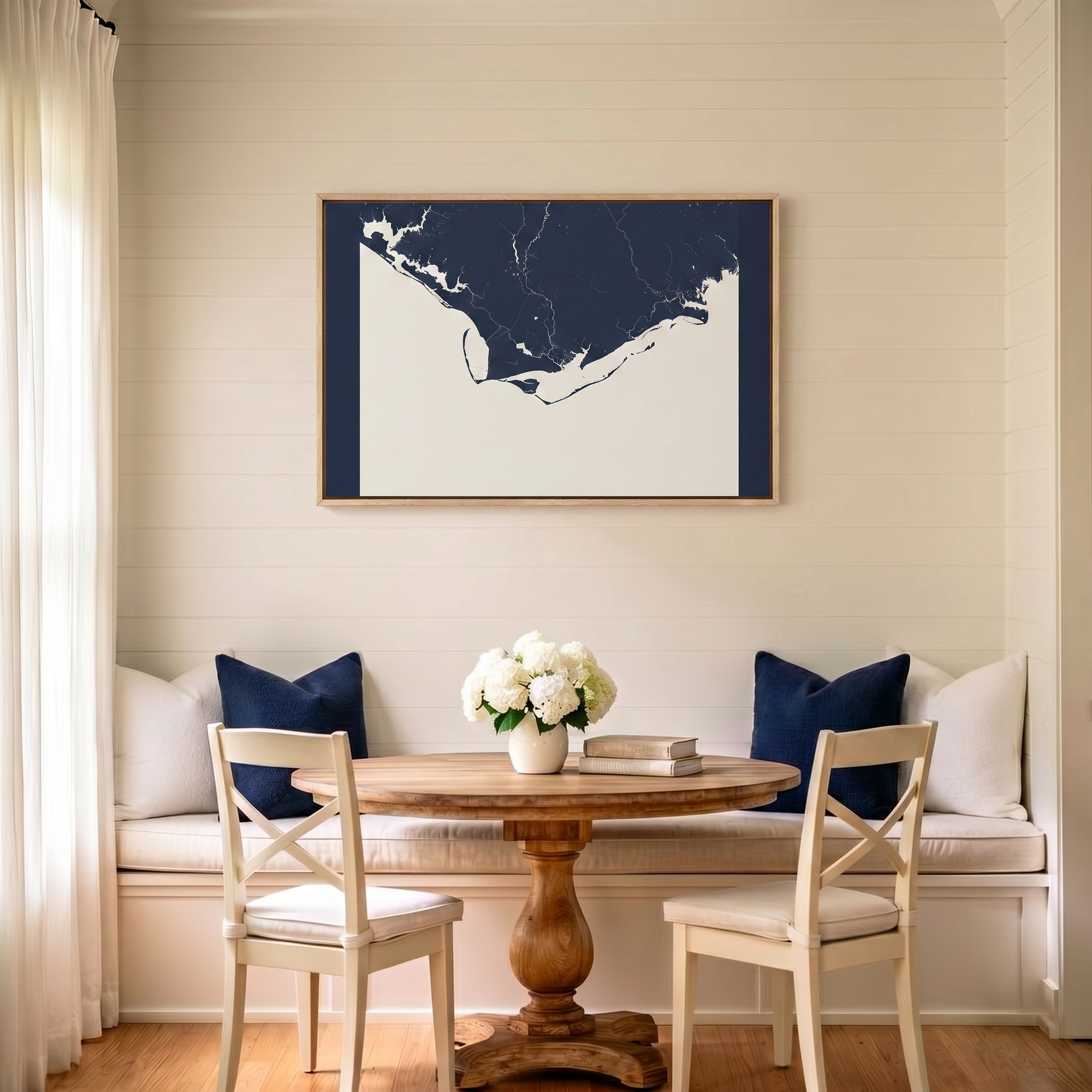 Forgotten Coast canvas map art in dining nook setting