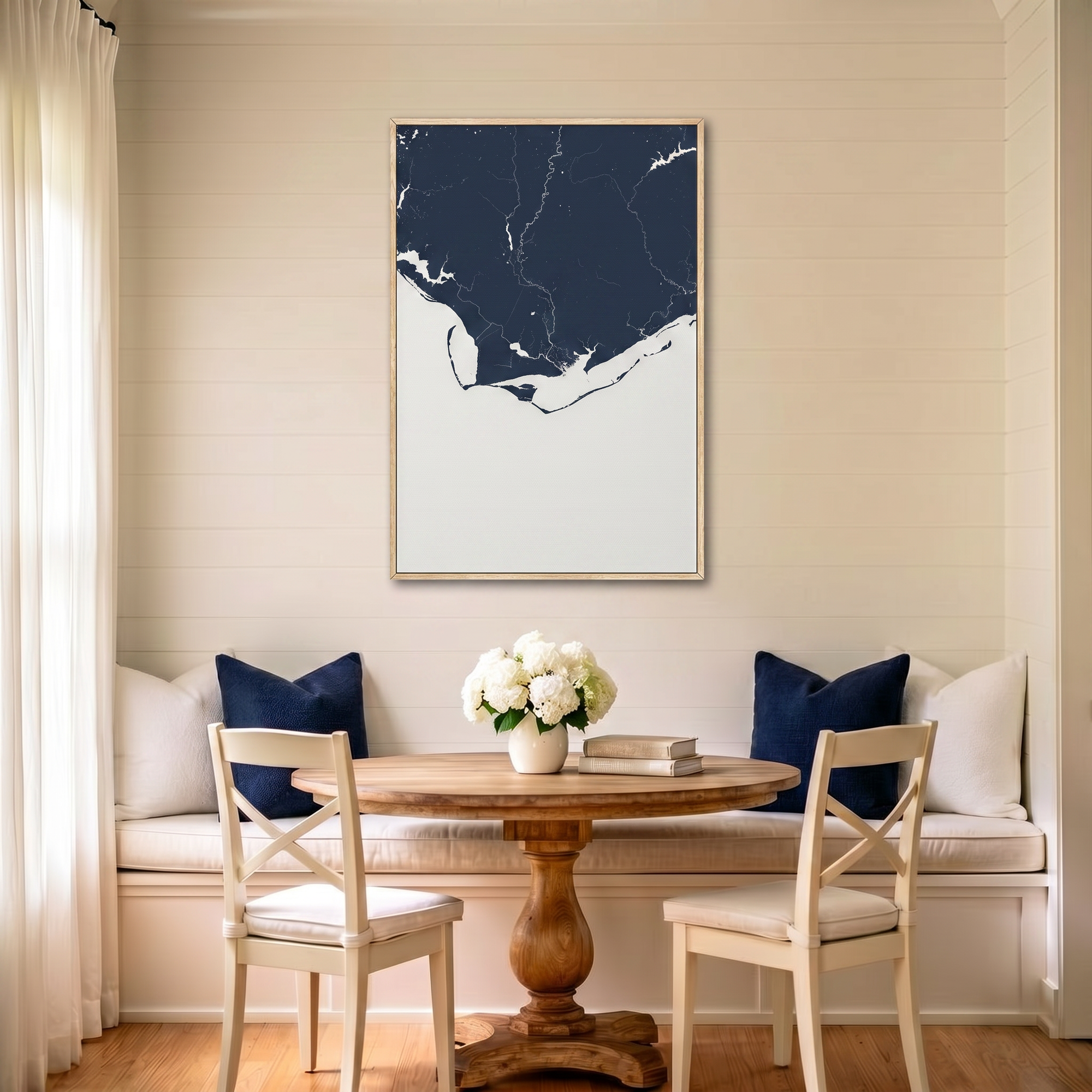 Forgotten Coast canvas map art in dining nook setting