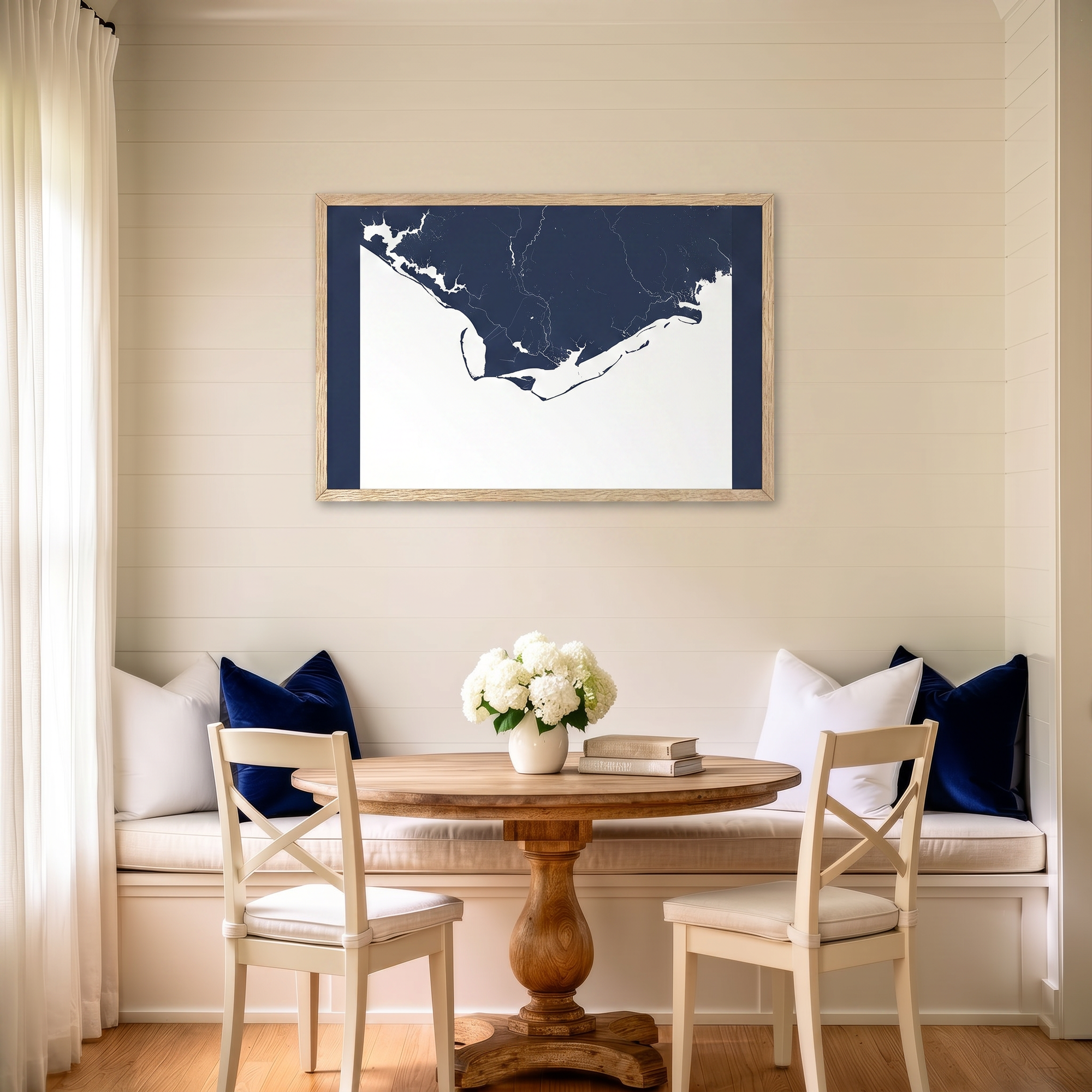 Forgotten Coast matte map art in dining nook setting