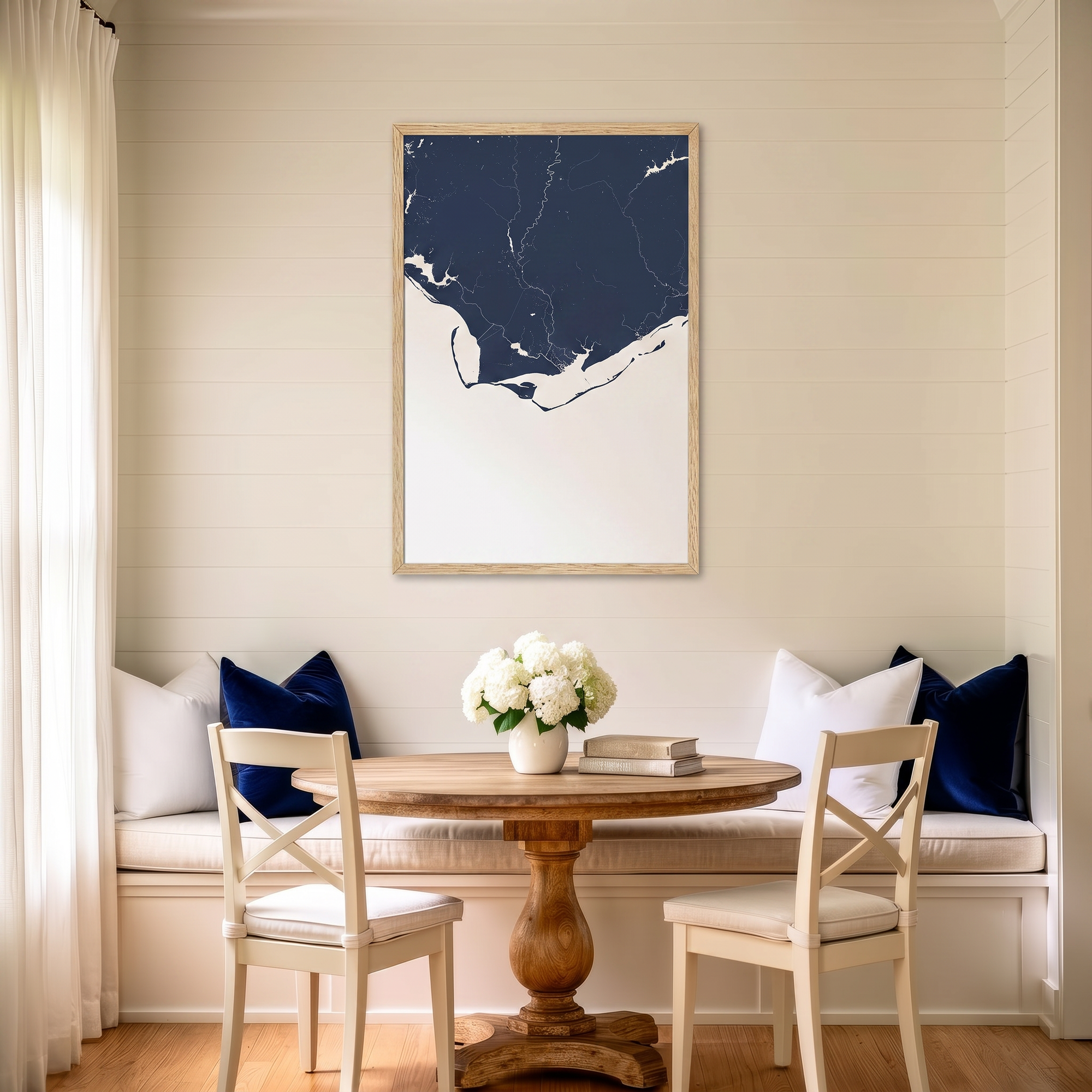 Forgotten Coast matte map art in dining nook setting