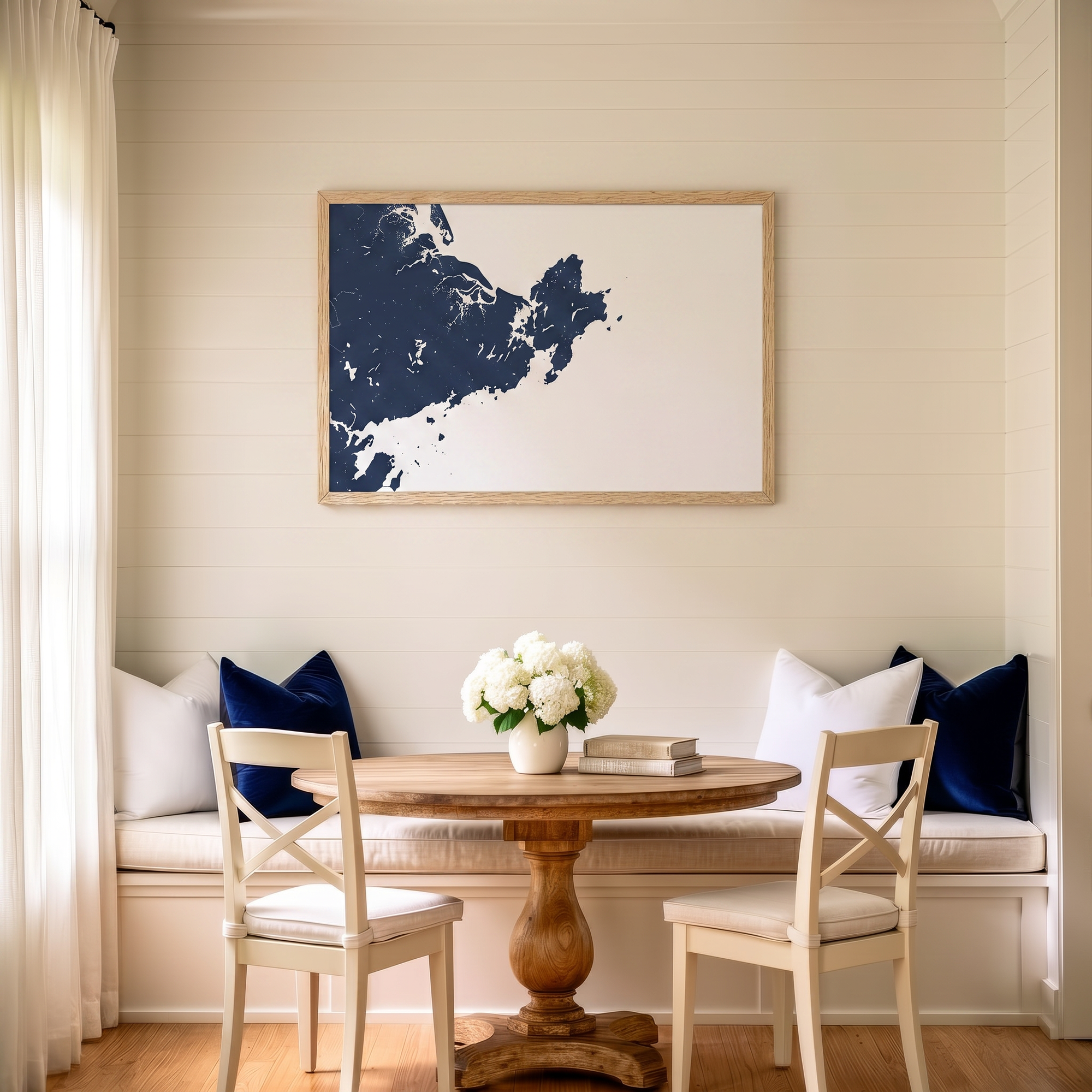 Gloucester matte map art in dining nook setting