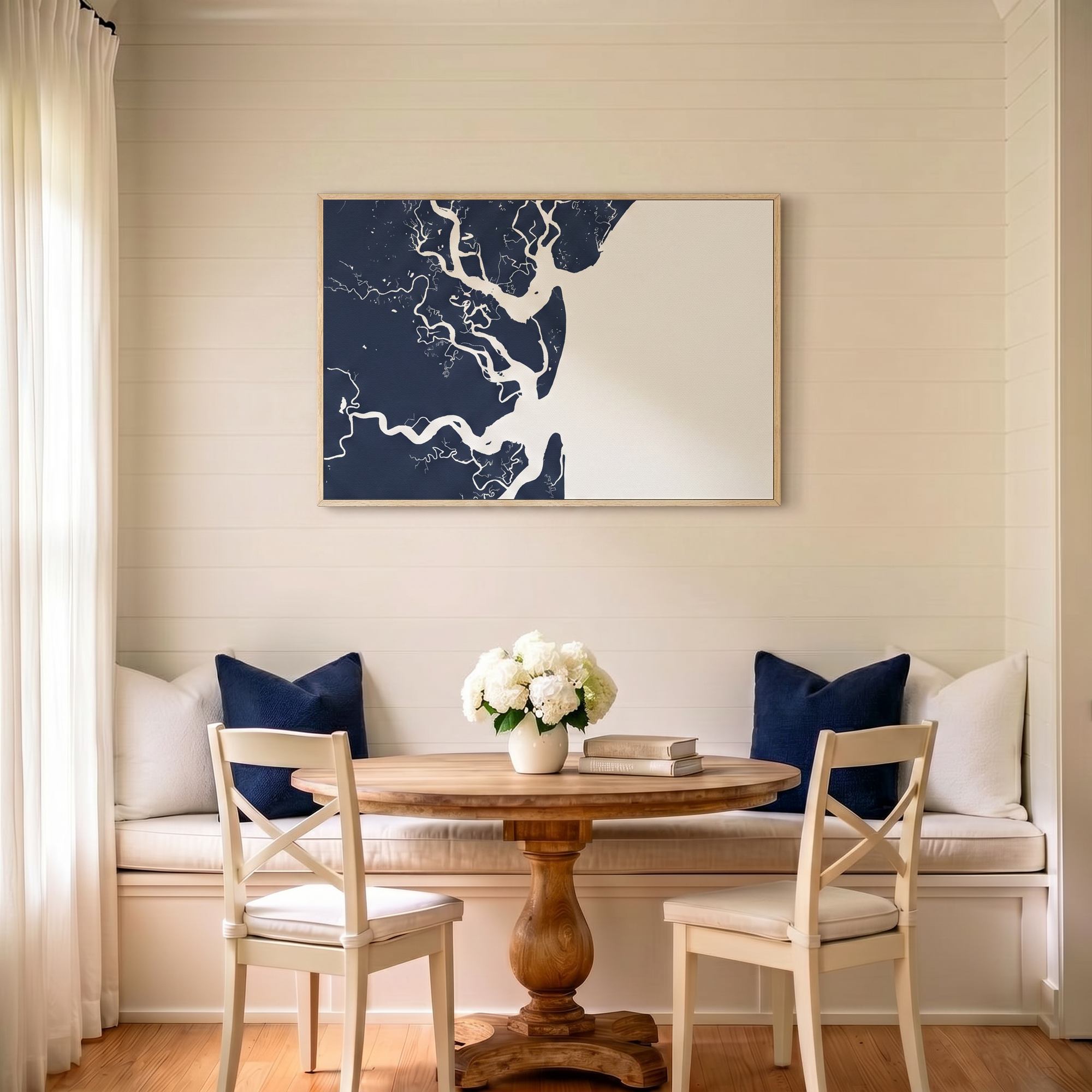 Jekyll Island canvas map art in dining nook setting
