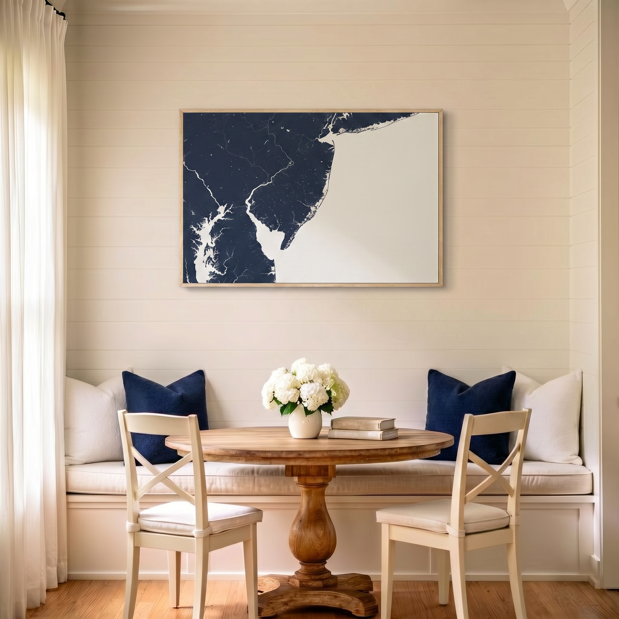 Jersey Shore canvas map art in dining nook setting