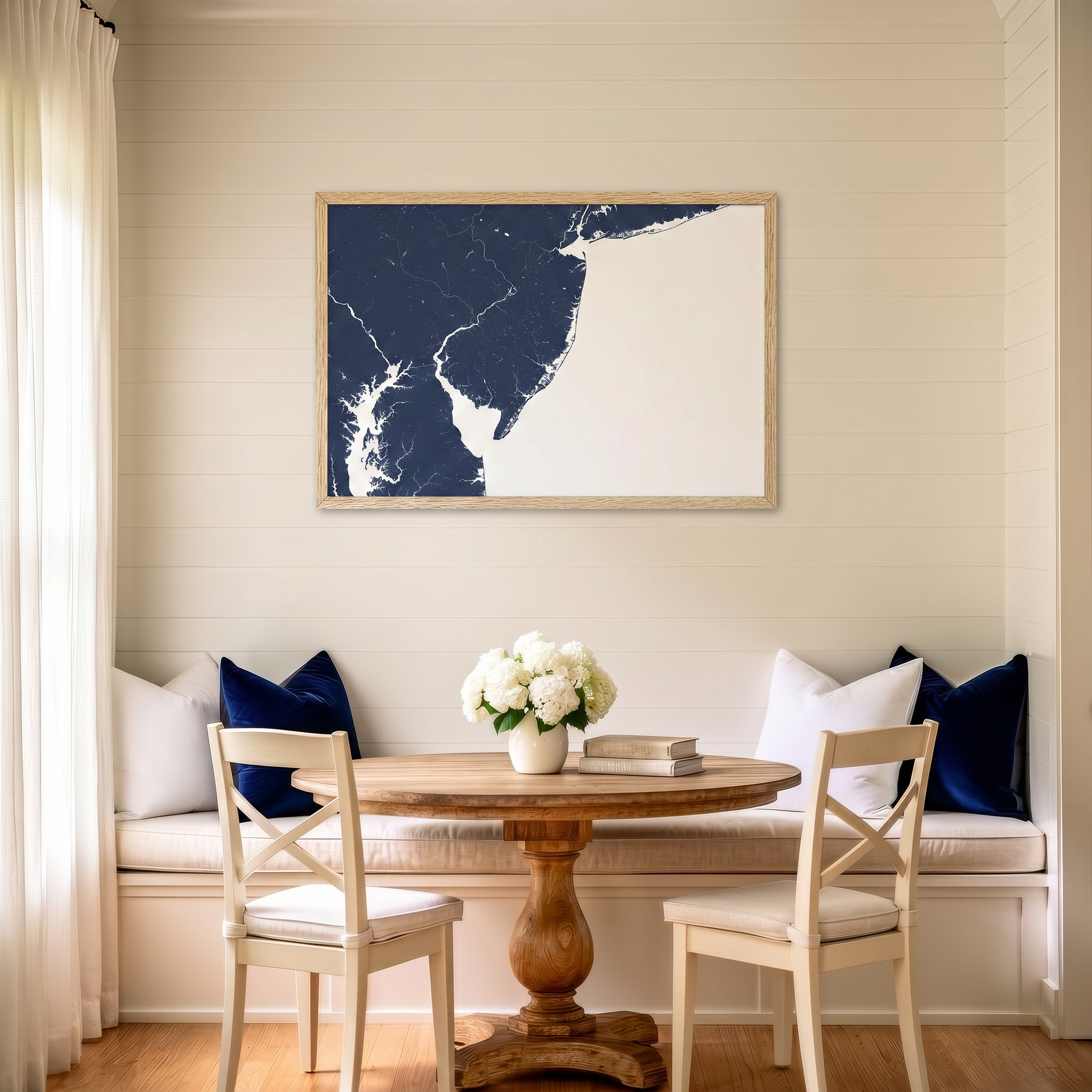 Jersey Shore matte map art in dining nook setting