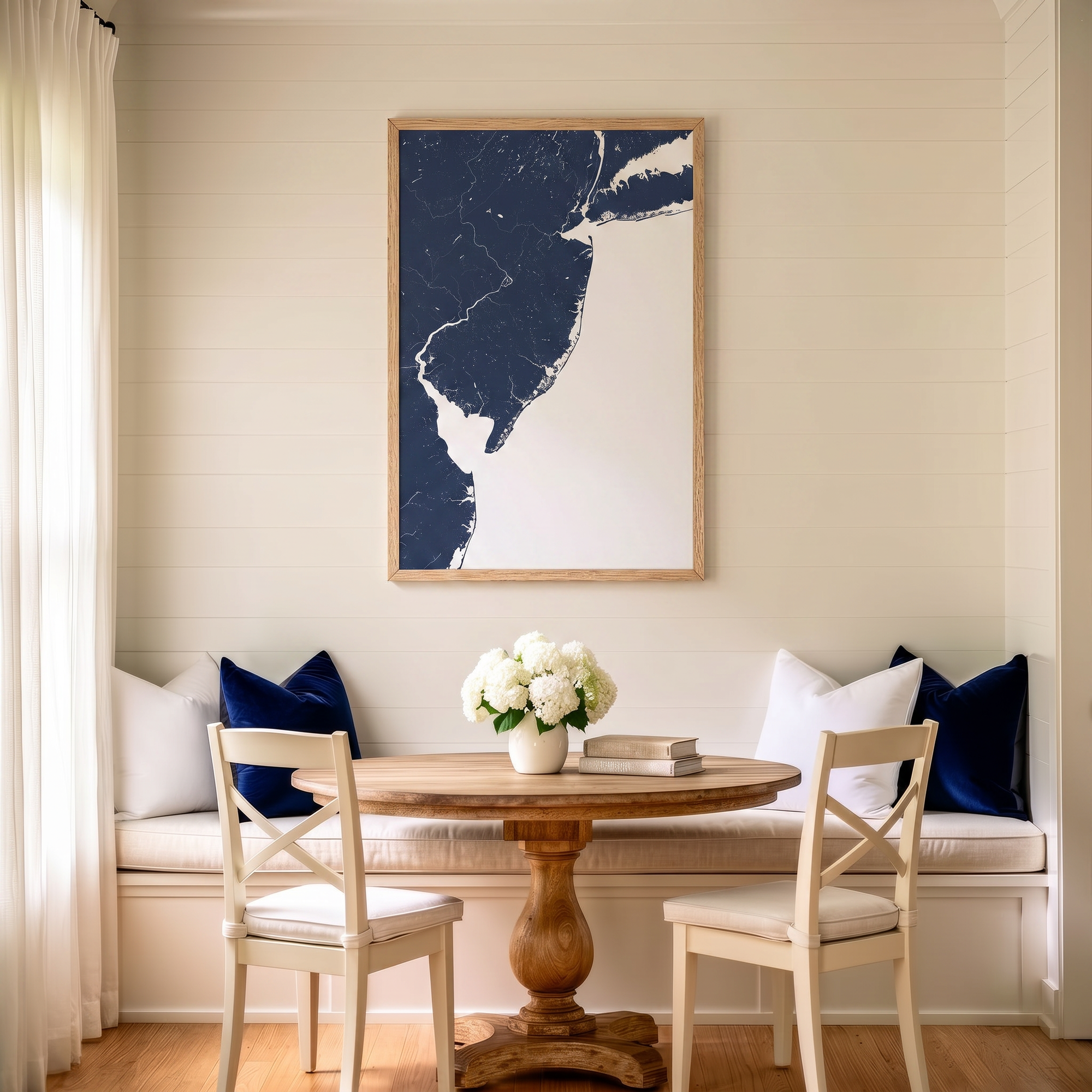 Jersey Shore matte map art in dining nook setting