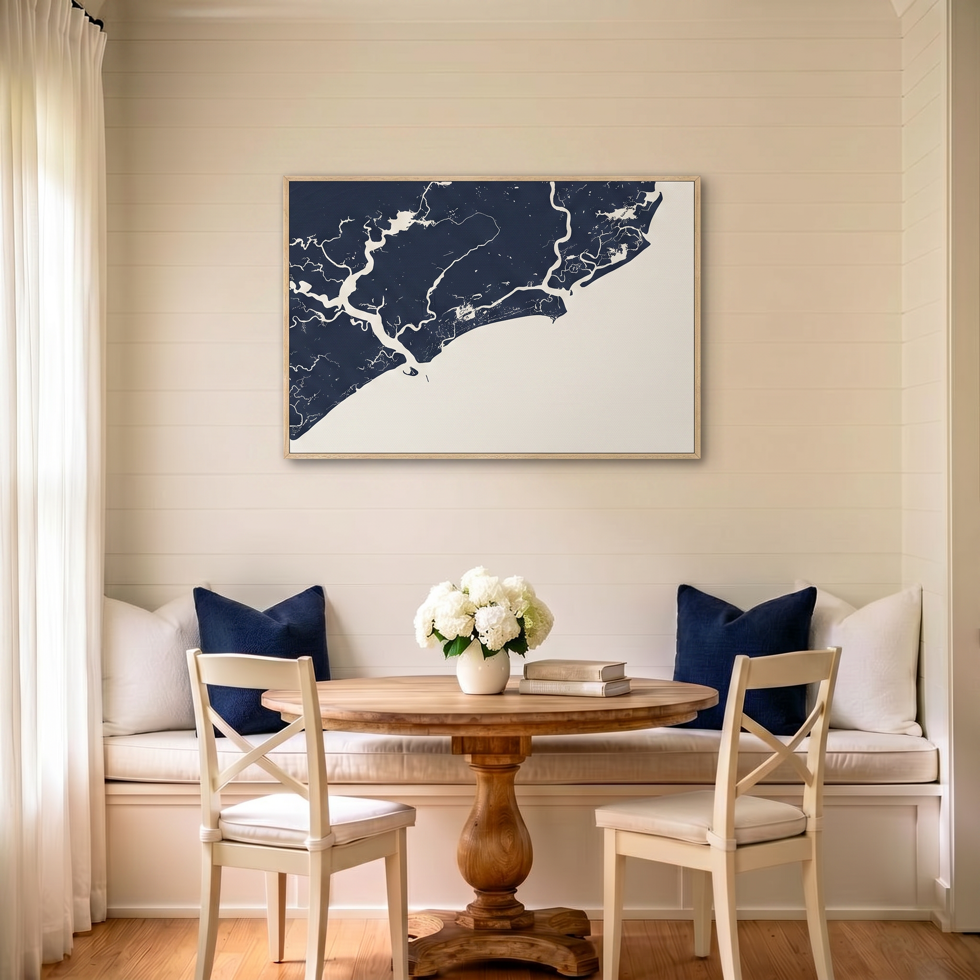 Kiawah Island canvas map art in dining nook setting