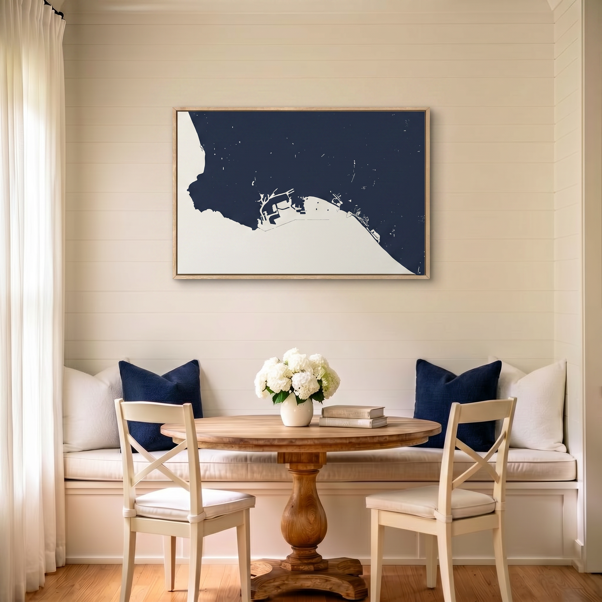 Long Beach canvas map art in dining nook setting