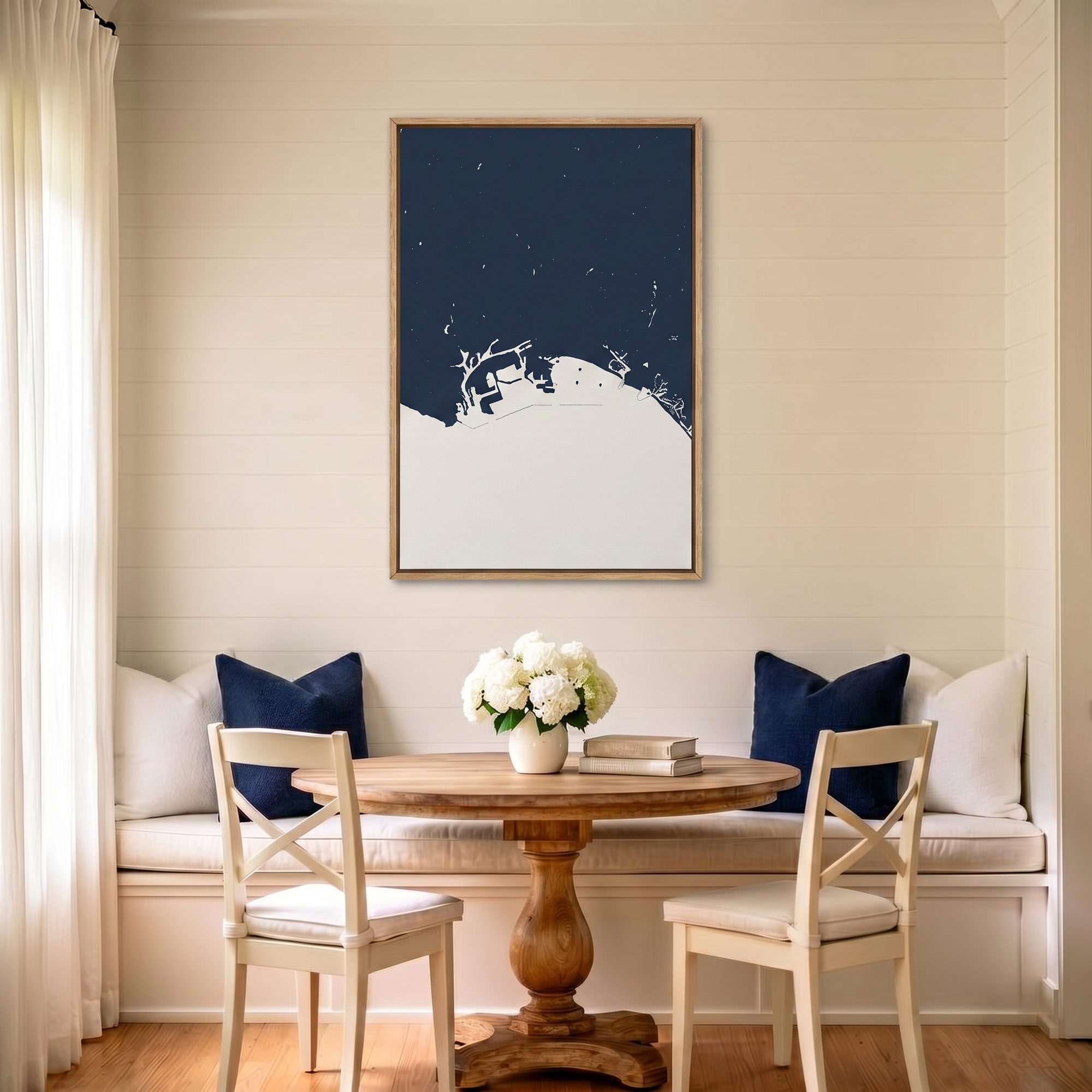 Long Beach canvas map art in dining nook setting