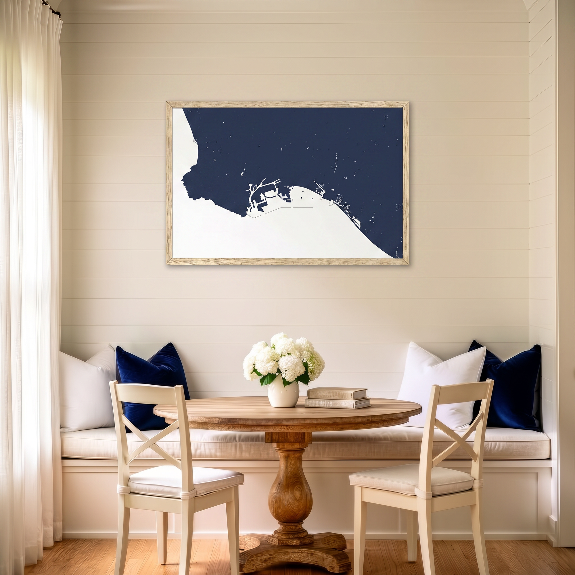 Long Beach matte map art in dining nook setting