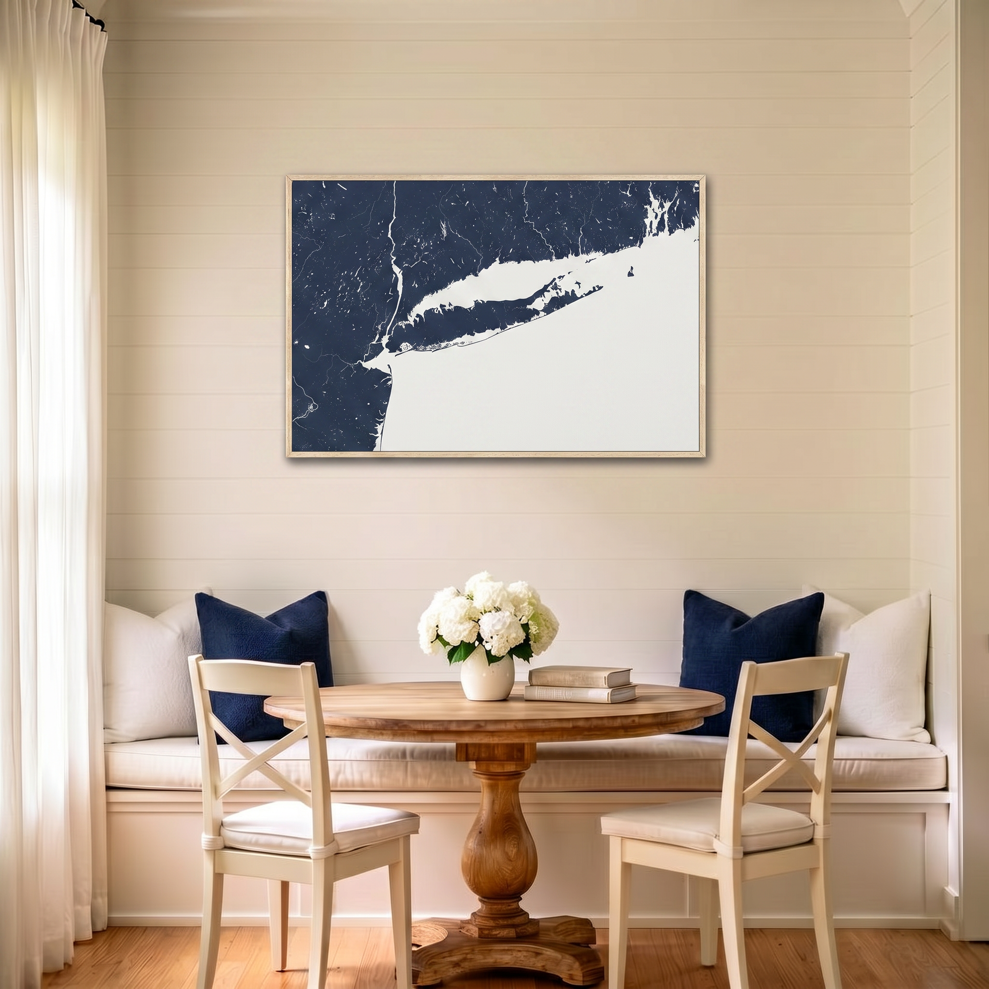 Long Island canvas map art in dining nook setting